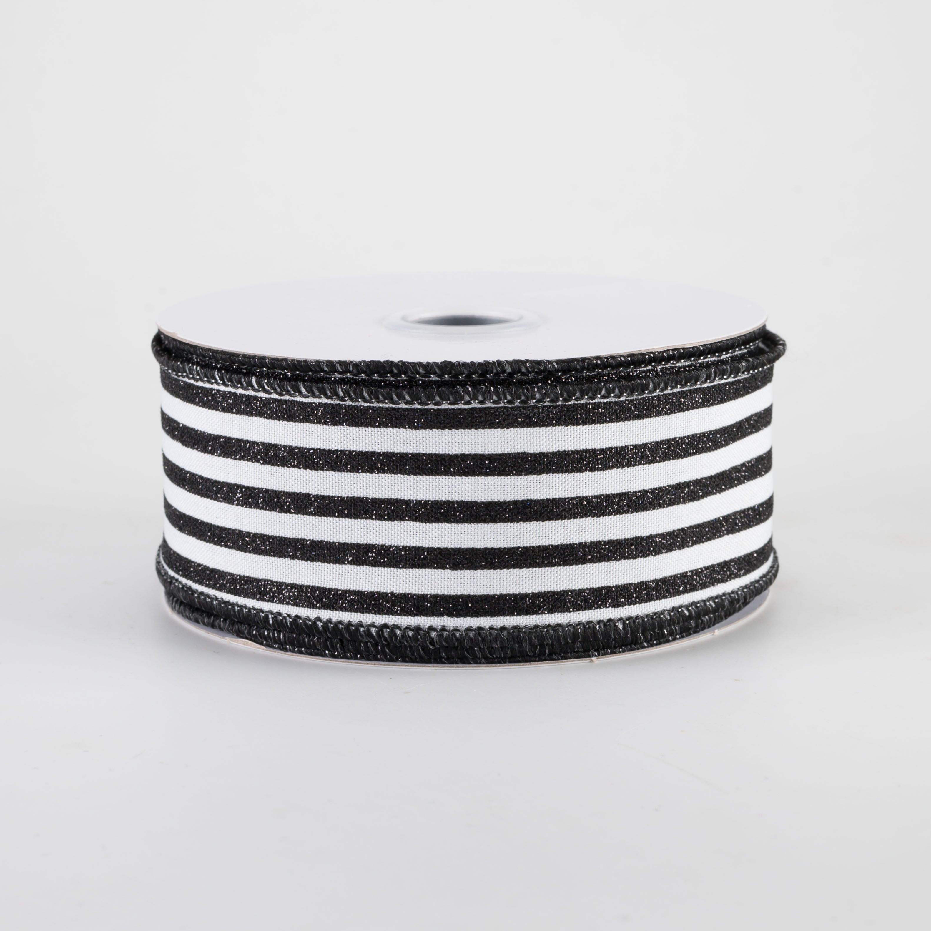1.5" Glitter Vertical Stripe Ribbon: Black on White (10 Yards)