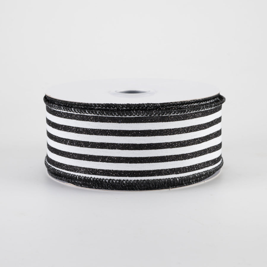 1.5" Glitter Vertical Stripe Ribbon: Black on White (10 Yards)