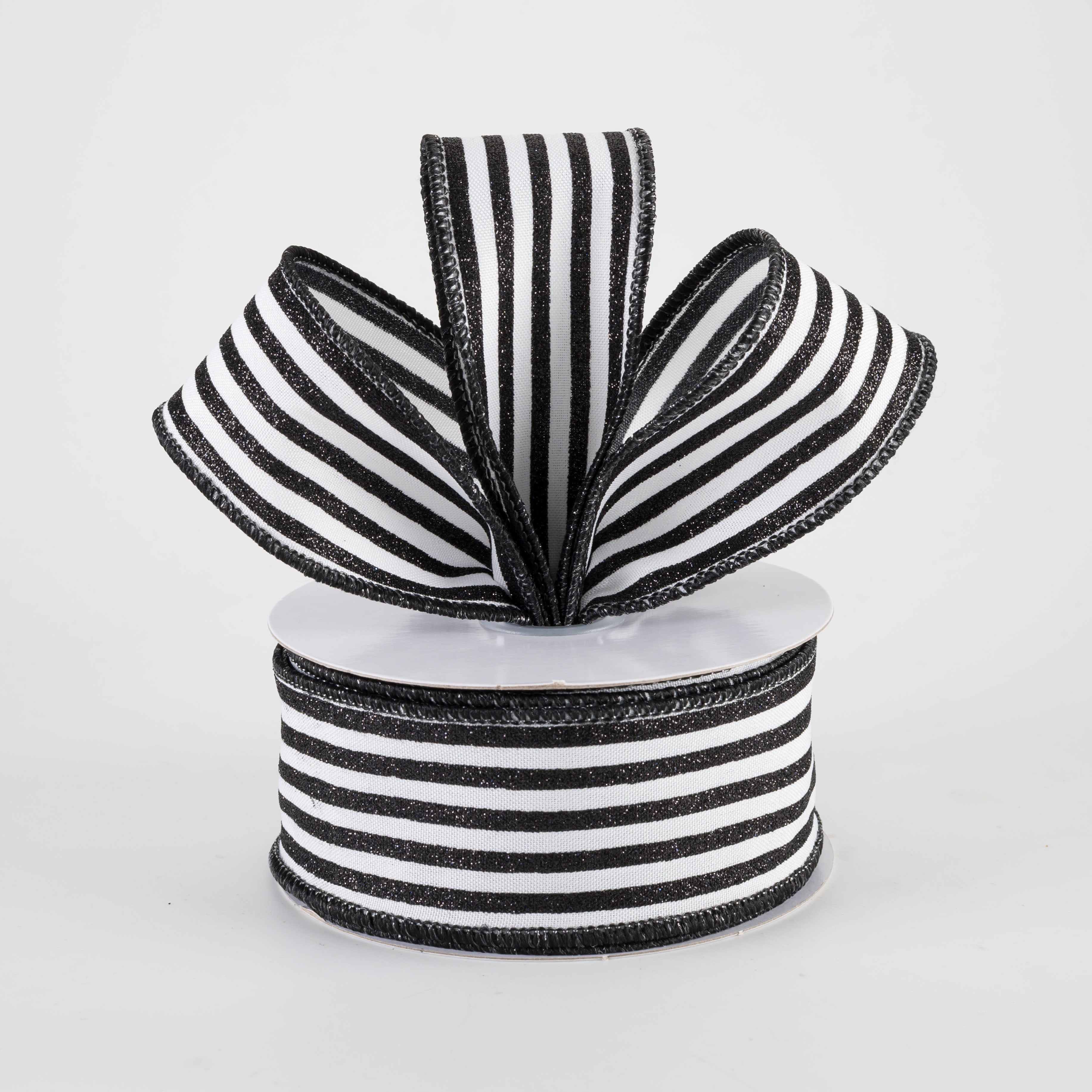1.5" Glitter Vertical Stripe Ribbon: Black on White (10 Yards)