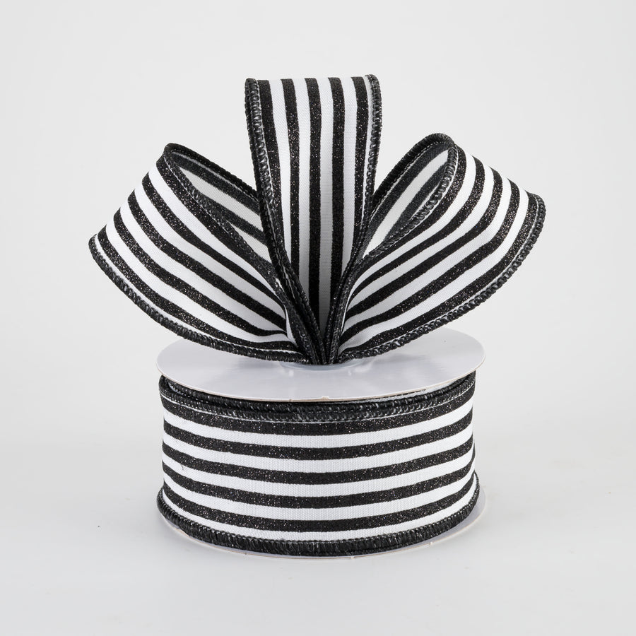 1.5" Glitter Vertical Stripe Ribbon: Black on White (10 Yards)