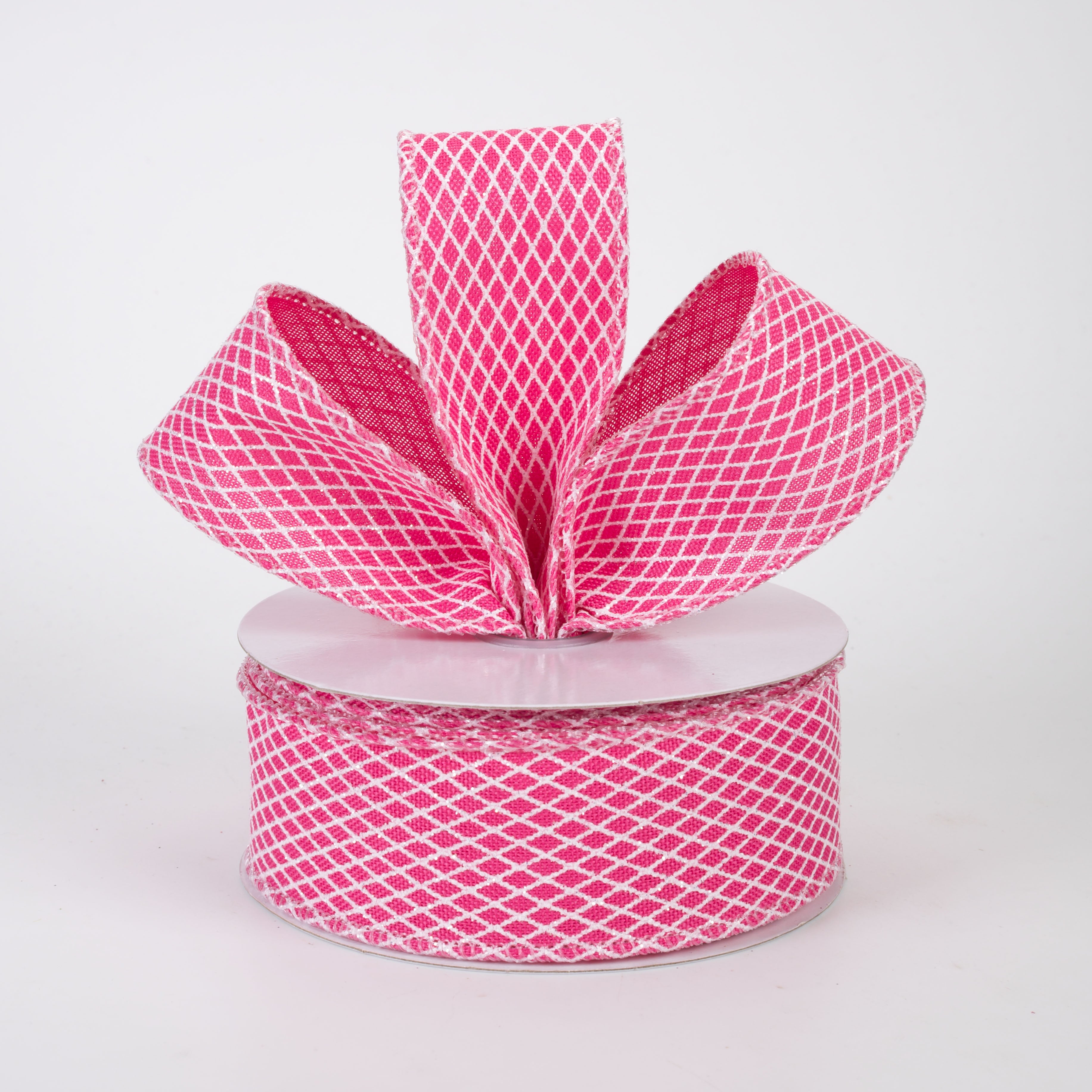 1.5" Mini Glitter Harlequin Ribbon: White on Fuchsia (10 Yards)