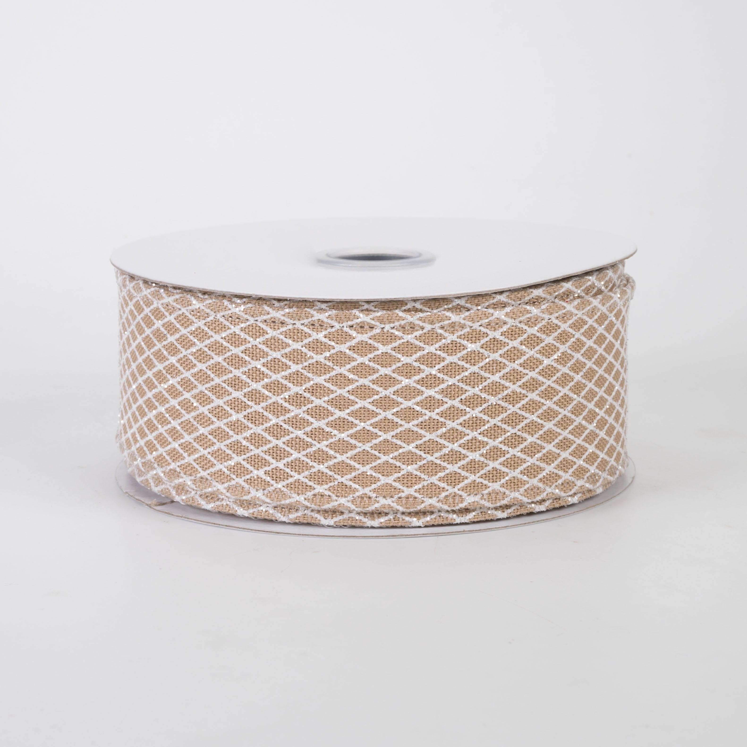 1.5" Mini Glitter Harlequin Ribbon: White on Natural (10 Yards)