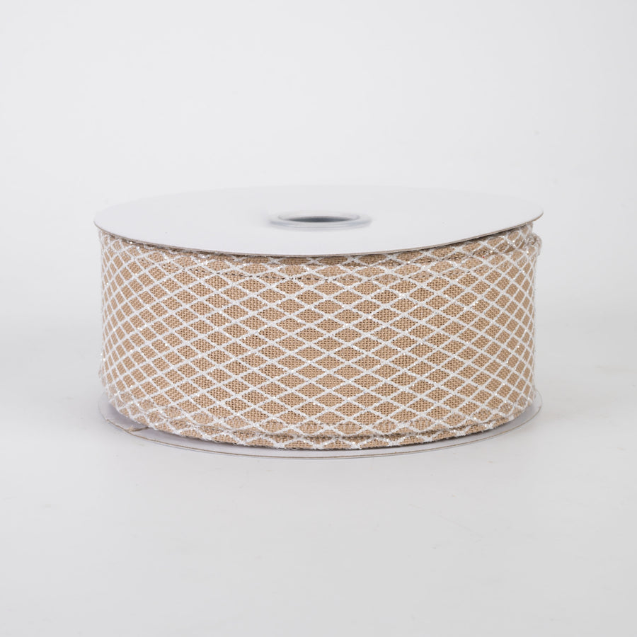 1.5" Mini Glitter Harlequin Ribbon: White on Natural (10 Yards)