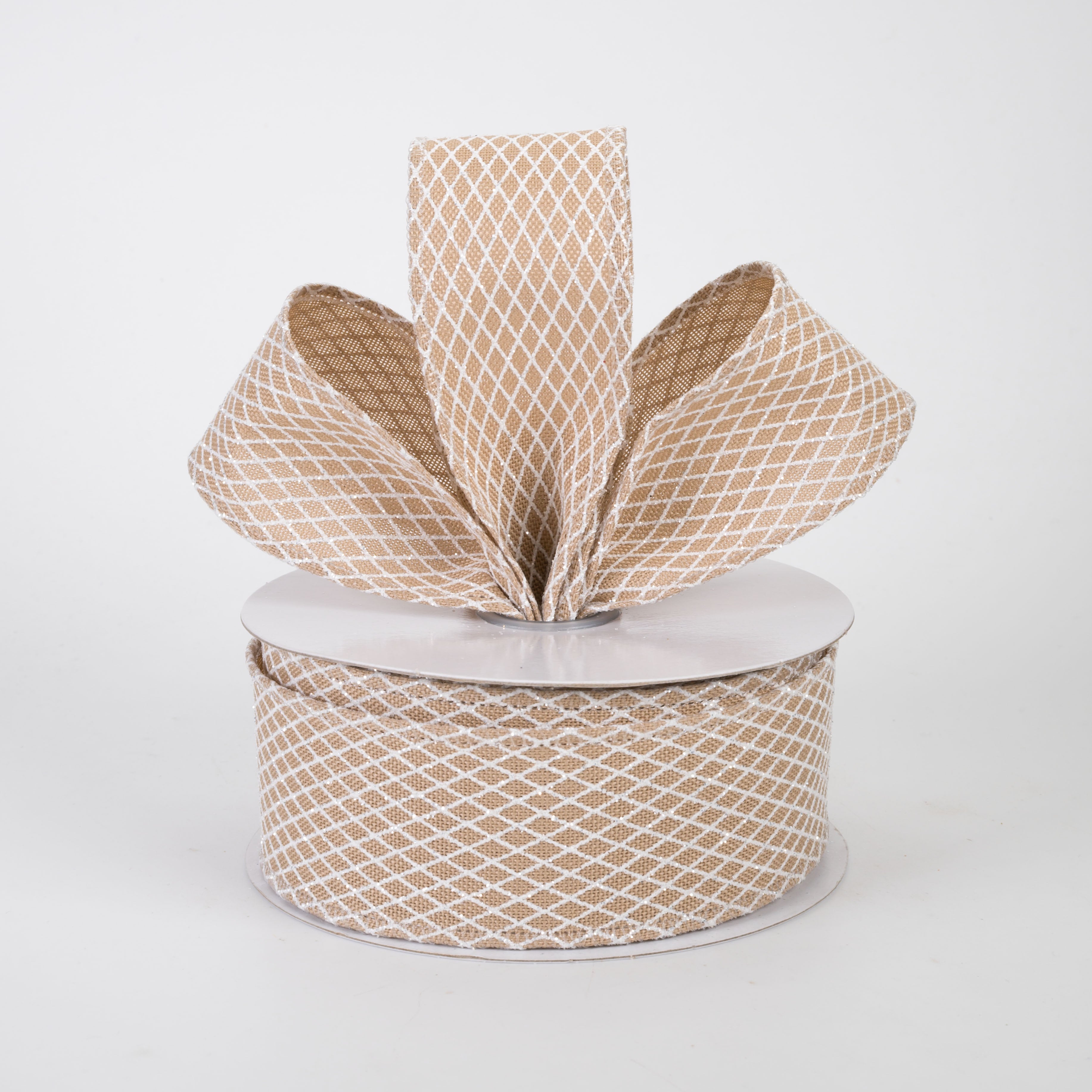 1.5" Mini Glitter Harlequin Ribbon: White on Natural (10 Yards)