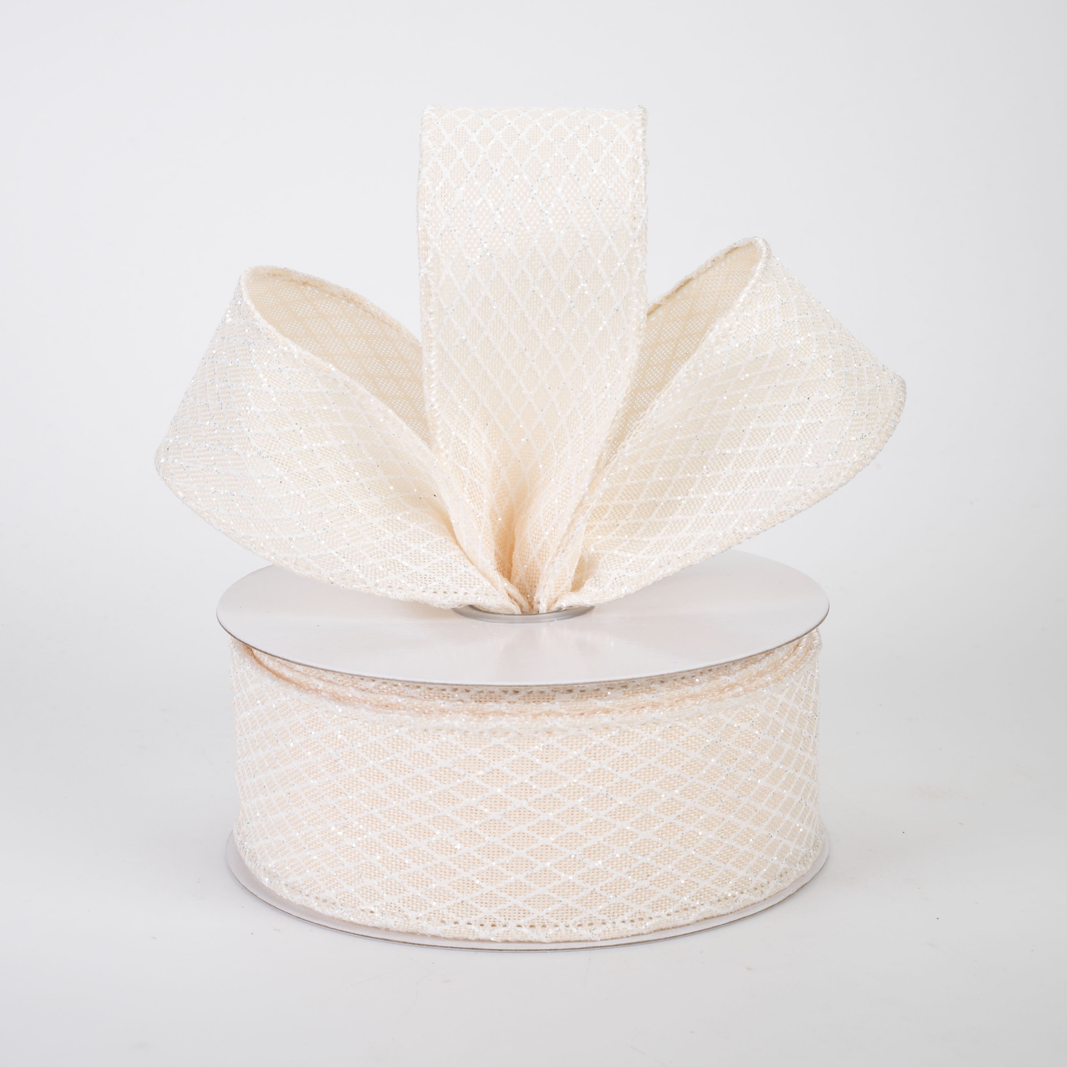 1.5" Mini Glitter Harlequin Ribbon: White on Cream (10 Yards)