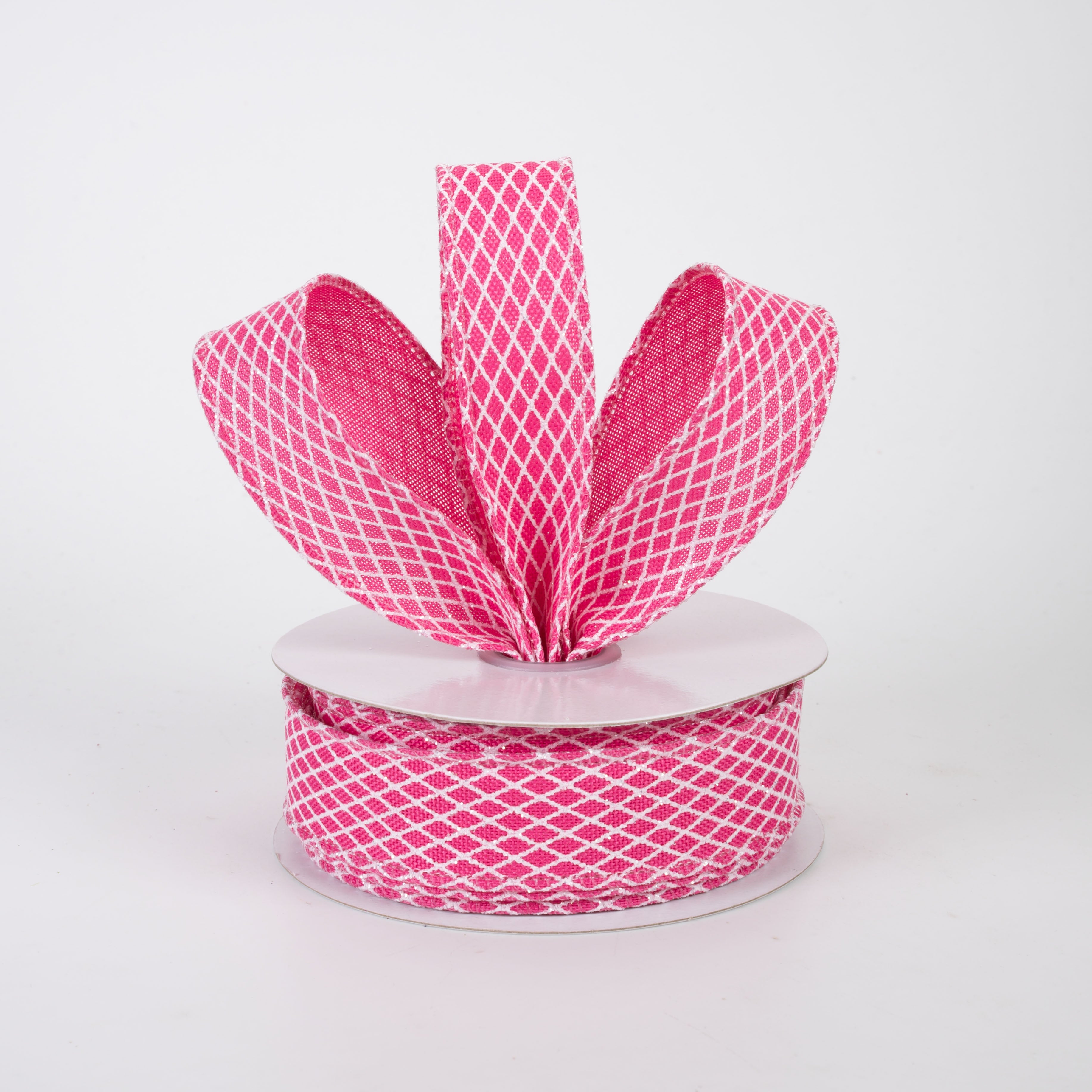 7/8" Mini Glitter Harlequin Ribbon: White on Fuchsia (10 Yards)
