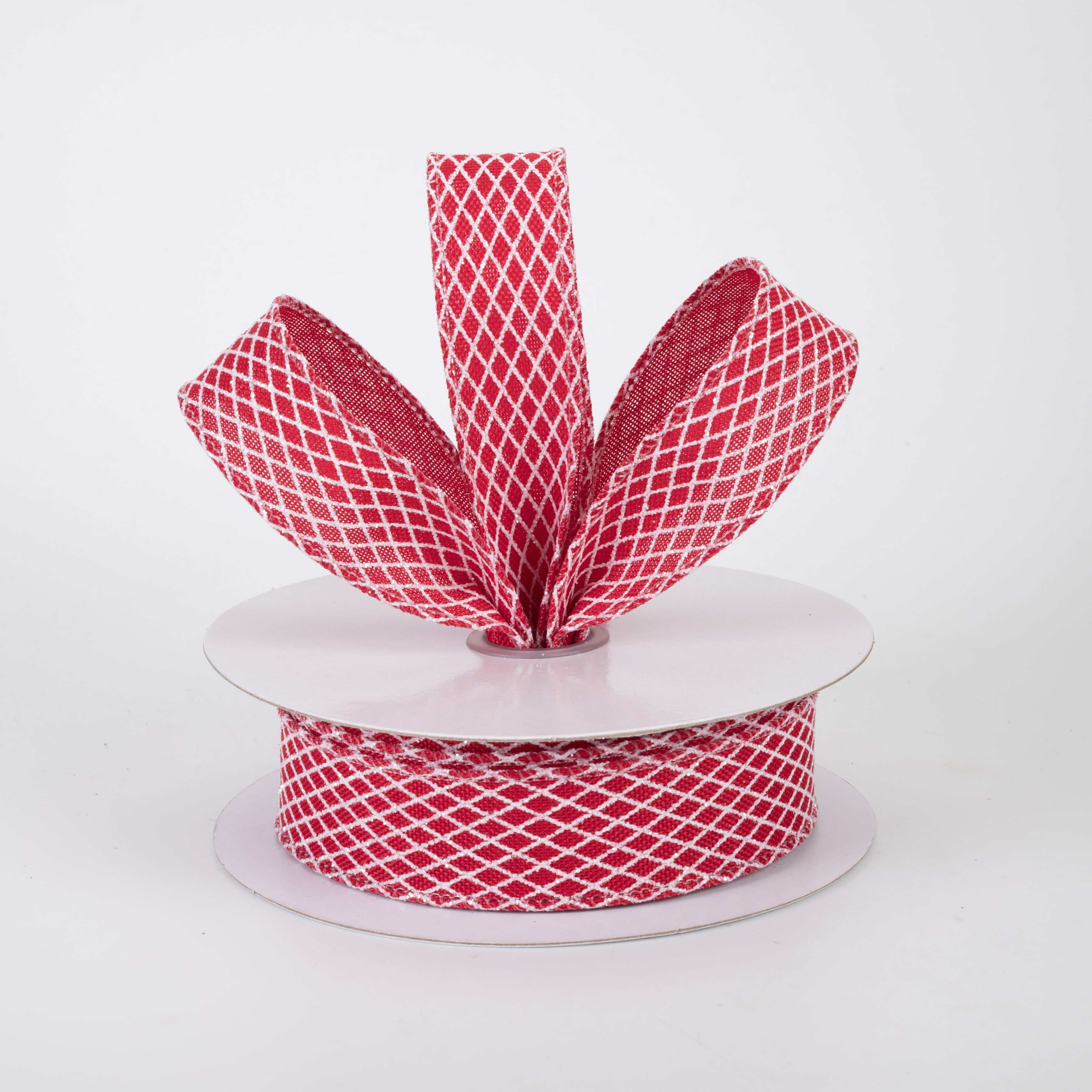 7/8" Mini Glitter Harlequin Ribbon: White on Red (10 Yards)