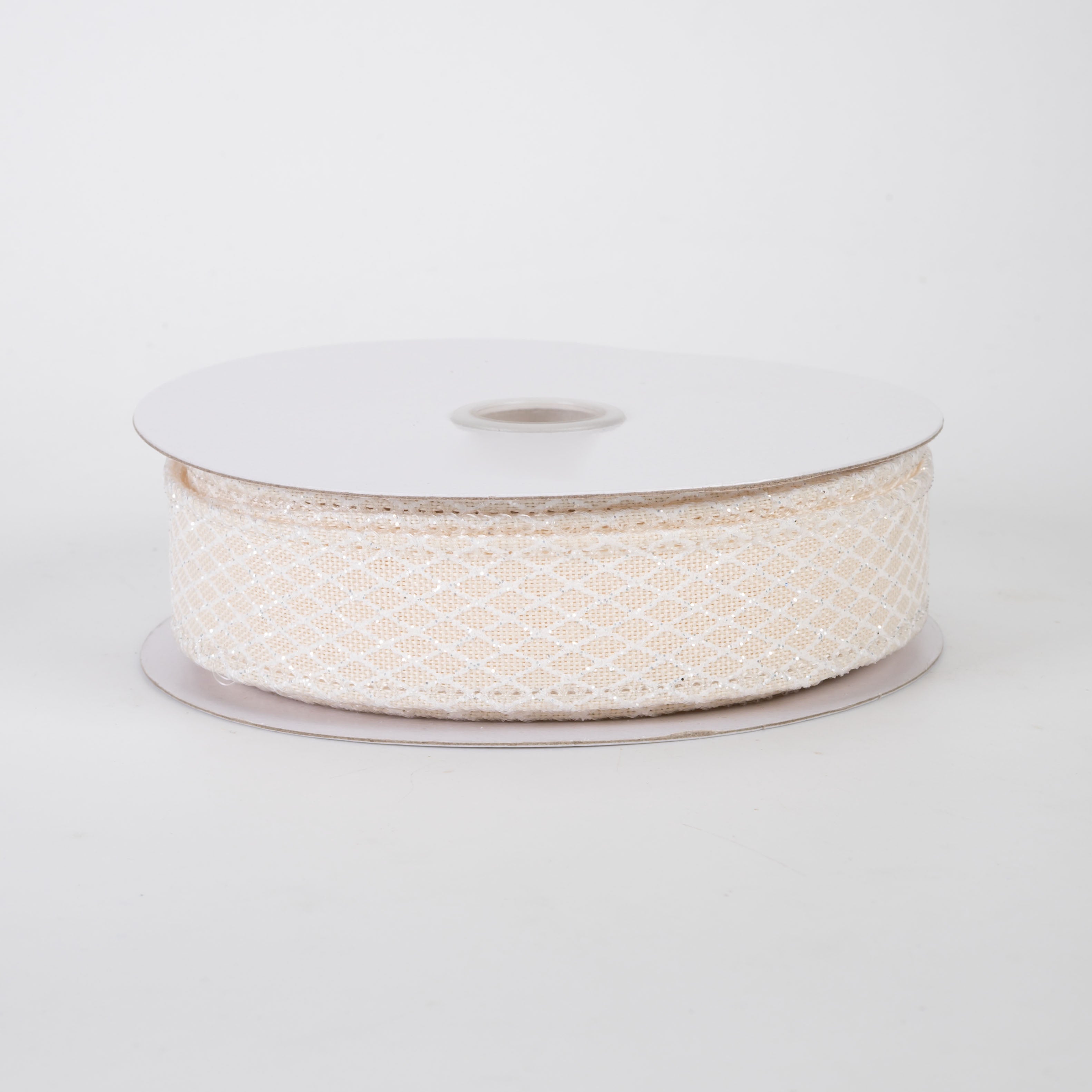 7/8" Mini Glitter Harlequin Ribbon: White on Cream (10 Yards)
