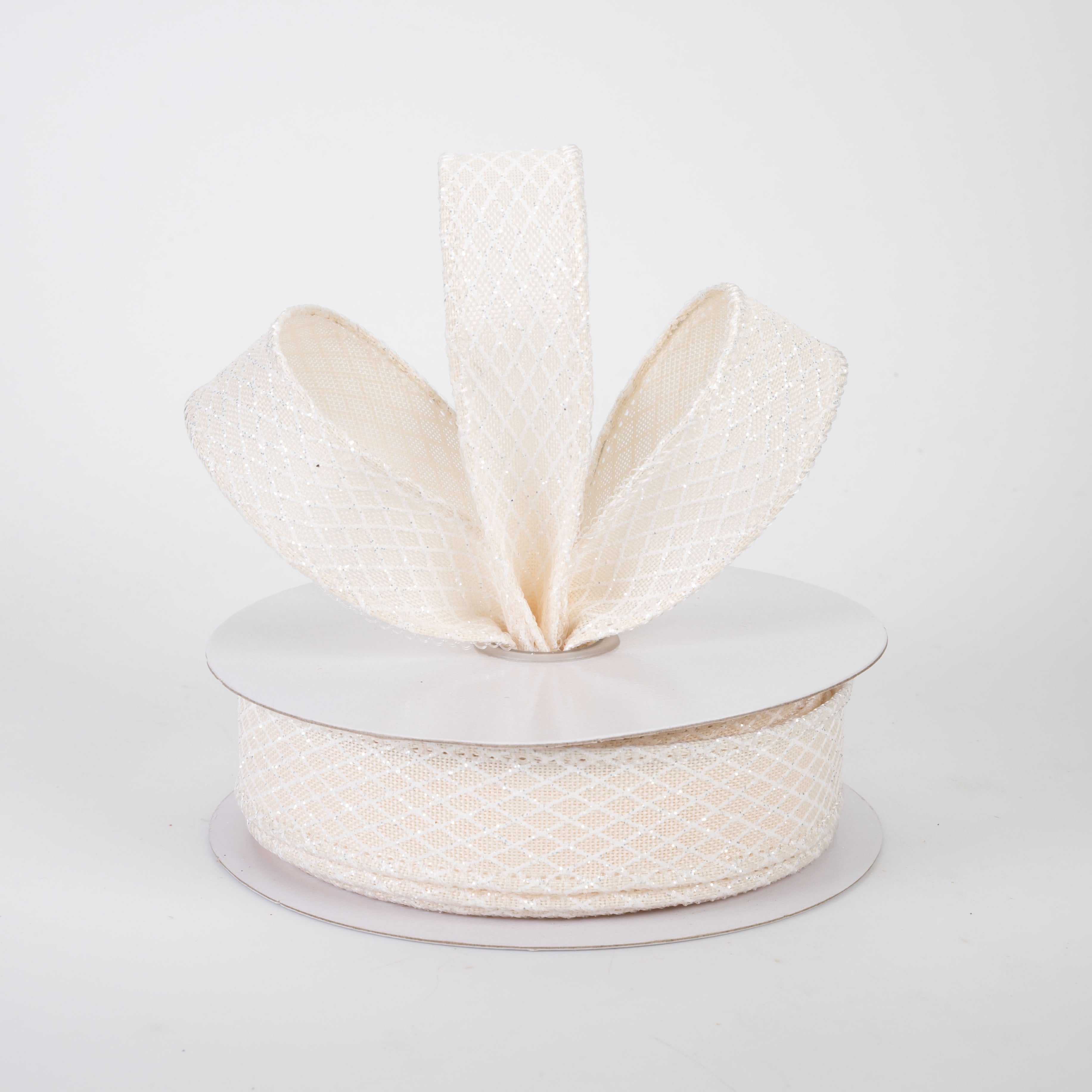 7/8" Mini Glitter Harlequin Ribbon: White on Cream (10 Yards)