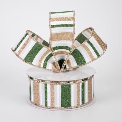 1.5" Multi Glitter Stripes Ribbon: Sage Green, Champagne Gold  & White (10 Yards)