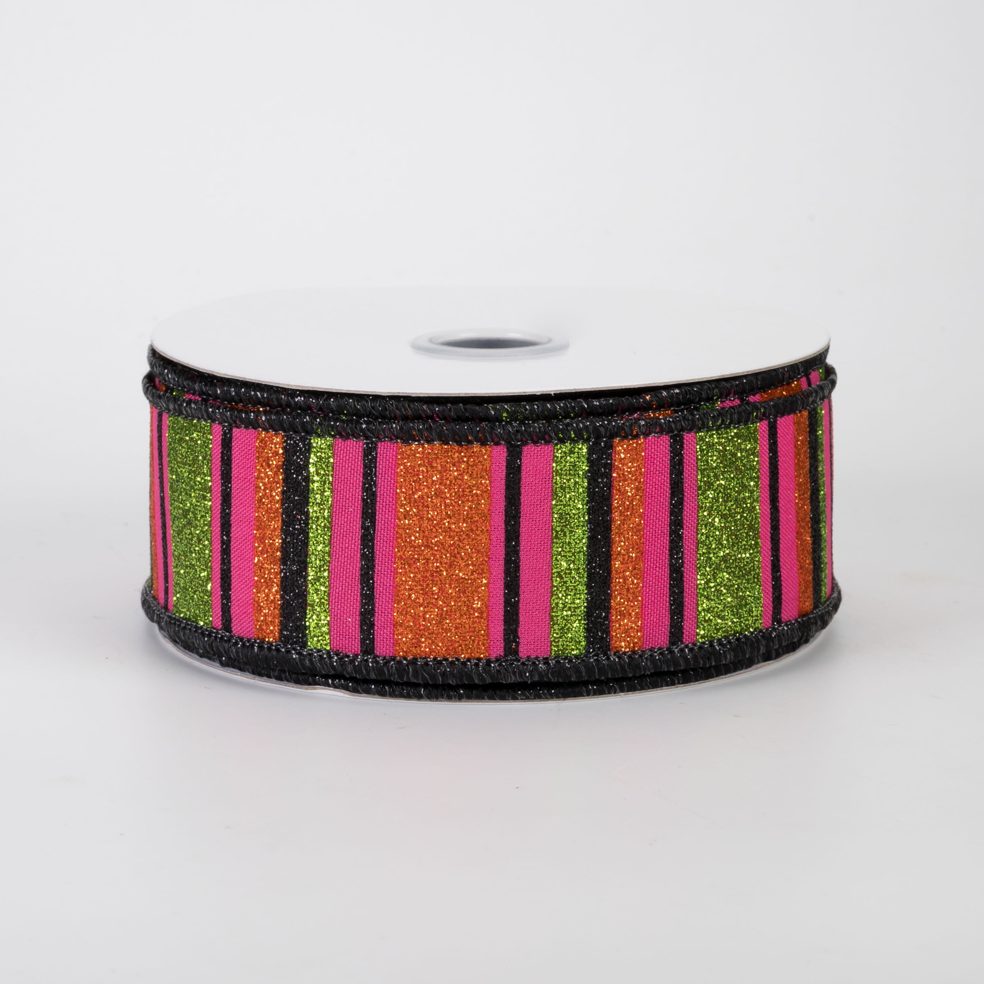 1.5" Multi Glitter Stripes Ribbon: Hot Pink, Orange & Lime Halloween (10 Yards)