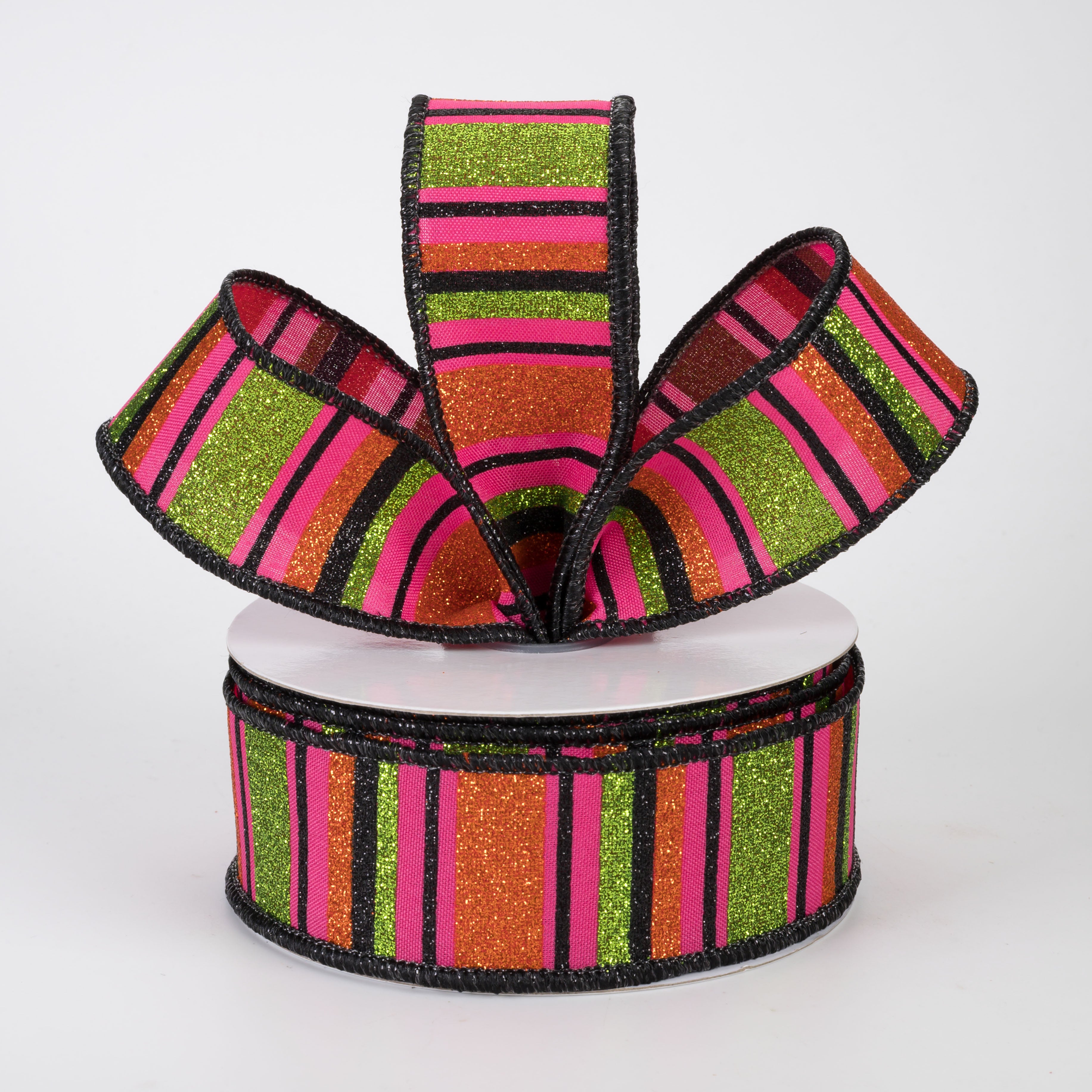 1.5" Multi Glitter Stripes Ribbon: Hot Pink, Orange & Lime Halloween (10 Yards)