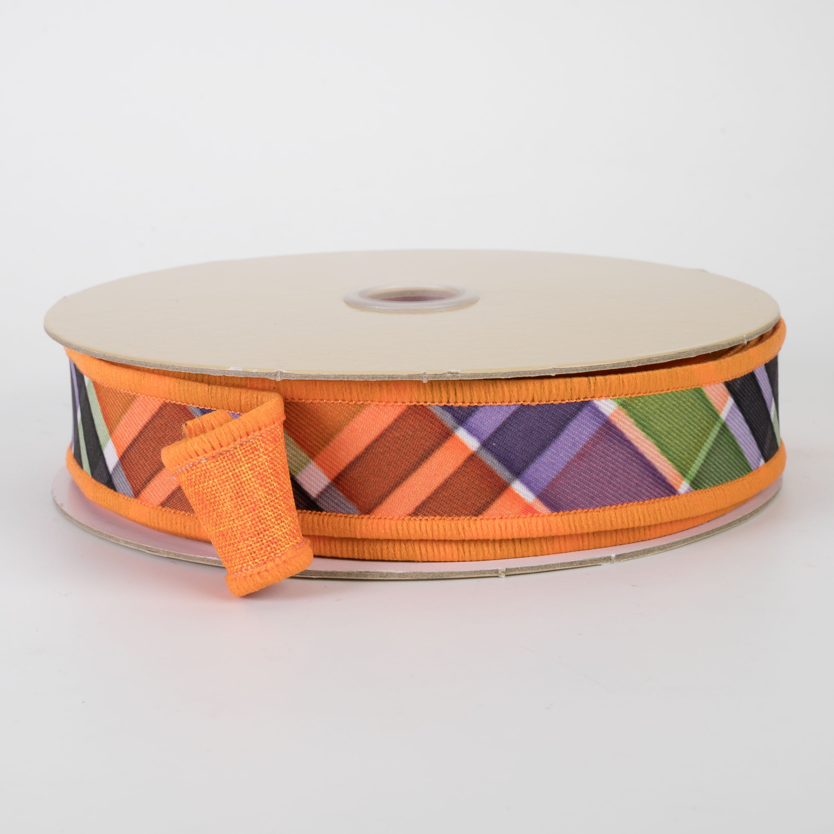7/8" Double Sided Fused Halloween Plaid Ribbon: Orange, Lime & Purple (10 Yards)