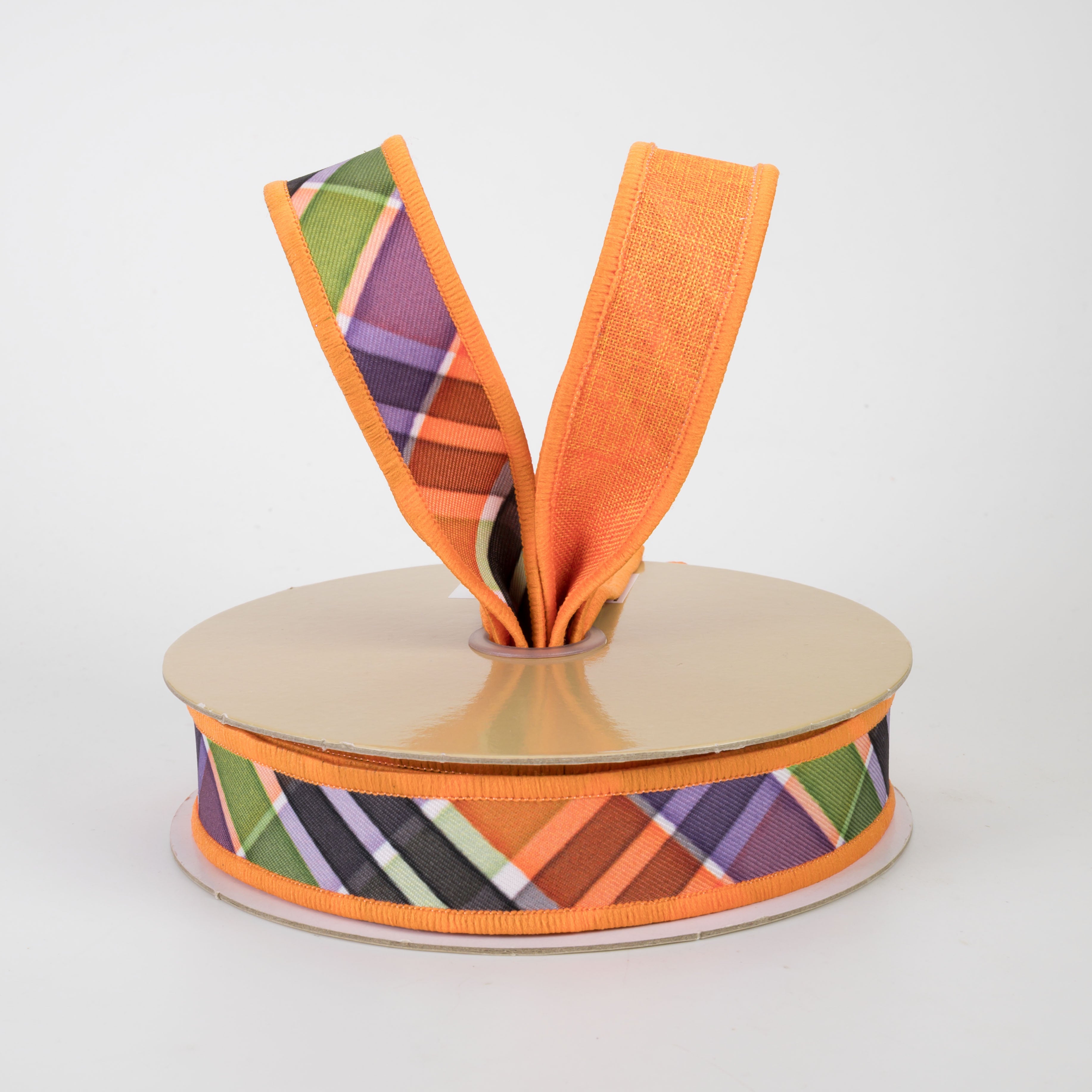 7/8" Double Sided Fused Halloween Plaid Ribbon: Orange, Lime & Purple (10 Yards)