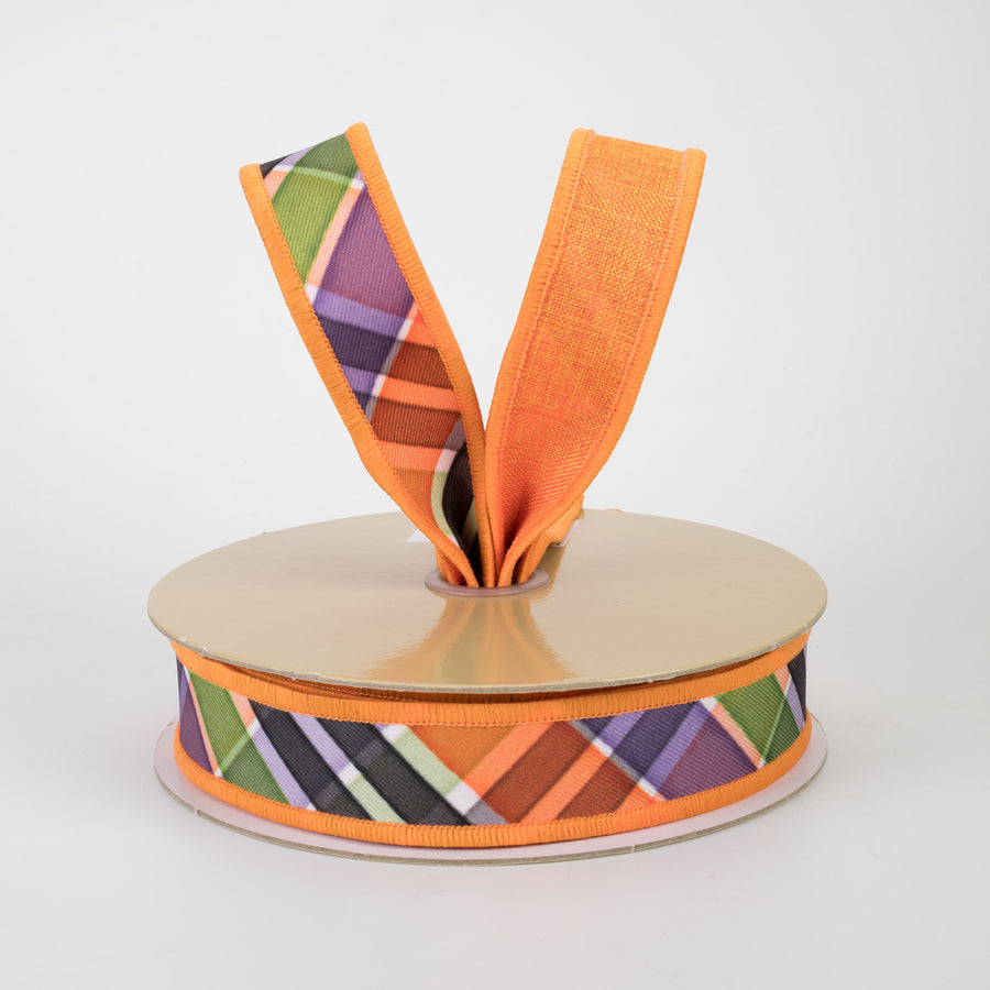7/8" Double Sided Fused Halloween Plaid Ribbon: Orange, Lime & Purple (10 Yards)