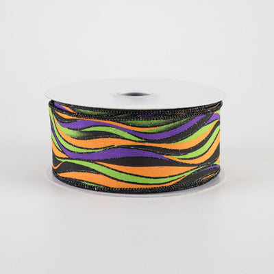 1.5" Glittered Wavy Stripes Ribbon: Purple & Lime Halloween (10 Yards)