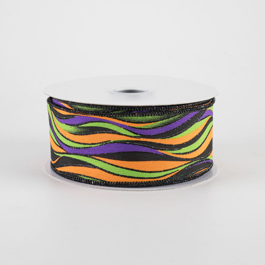 1.5" Glittered Wavy Stripes Ribbon: Purple & Lime Halloween (10 Yards)