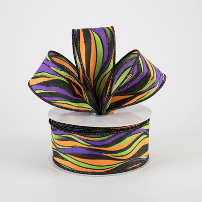 1.5" Glittered Wavy Stripes Ribbon: Purple & Lime Halloween (10 Yards)