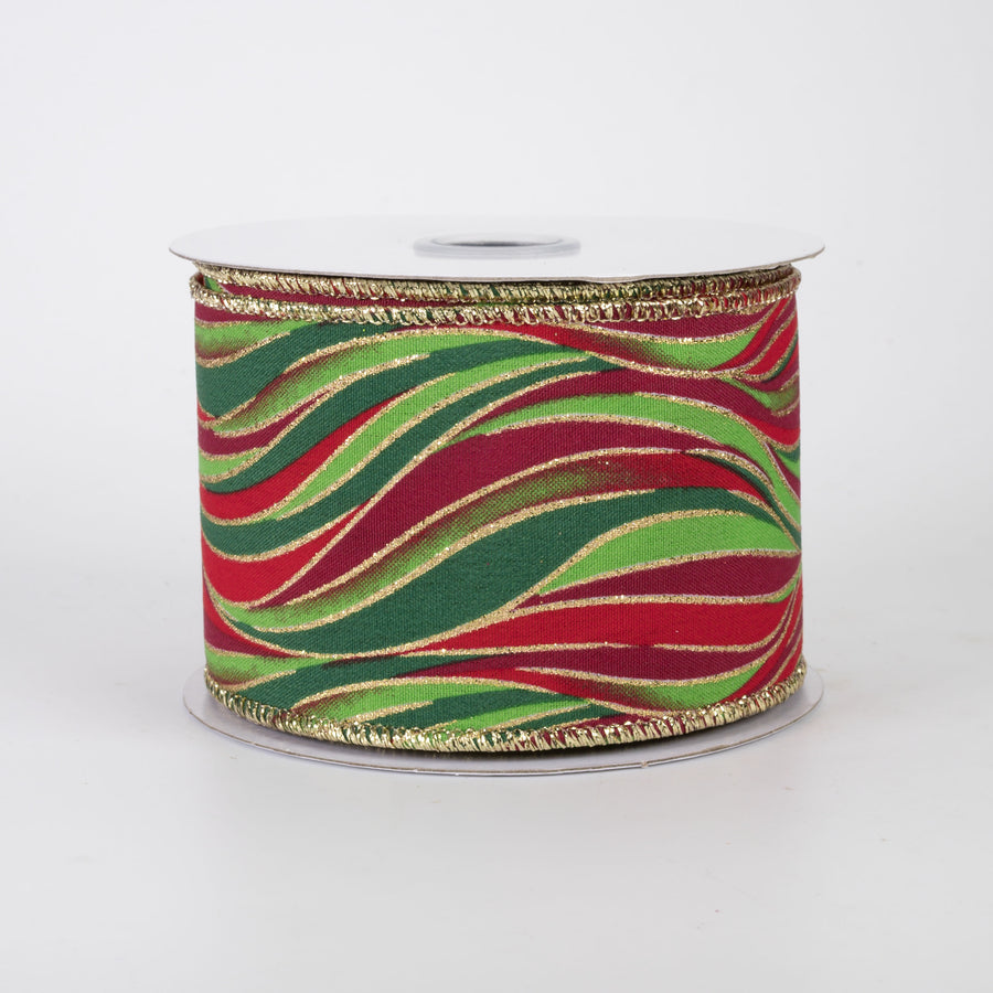 2.5" Glittered Wavy Stripes Ribbon: Red, Emerald & Lime Green (10 Yards)