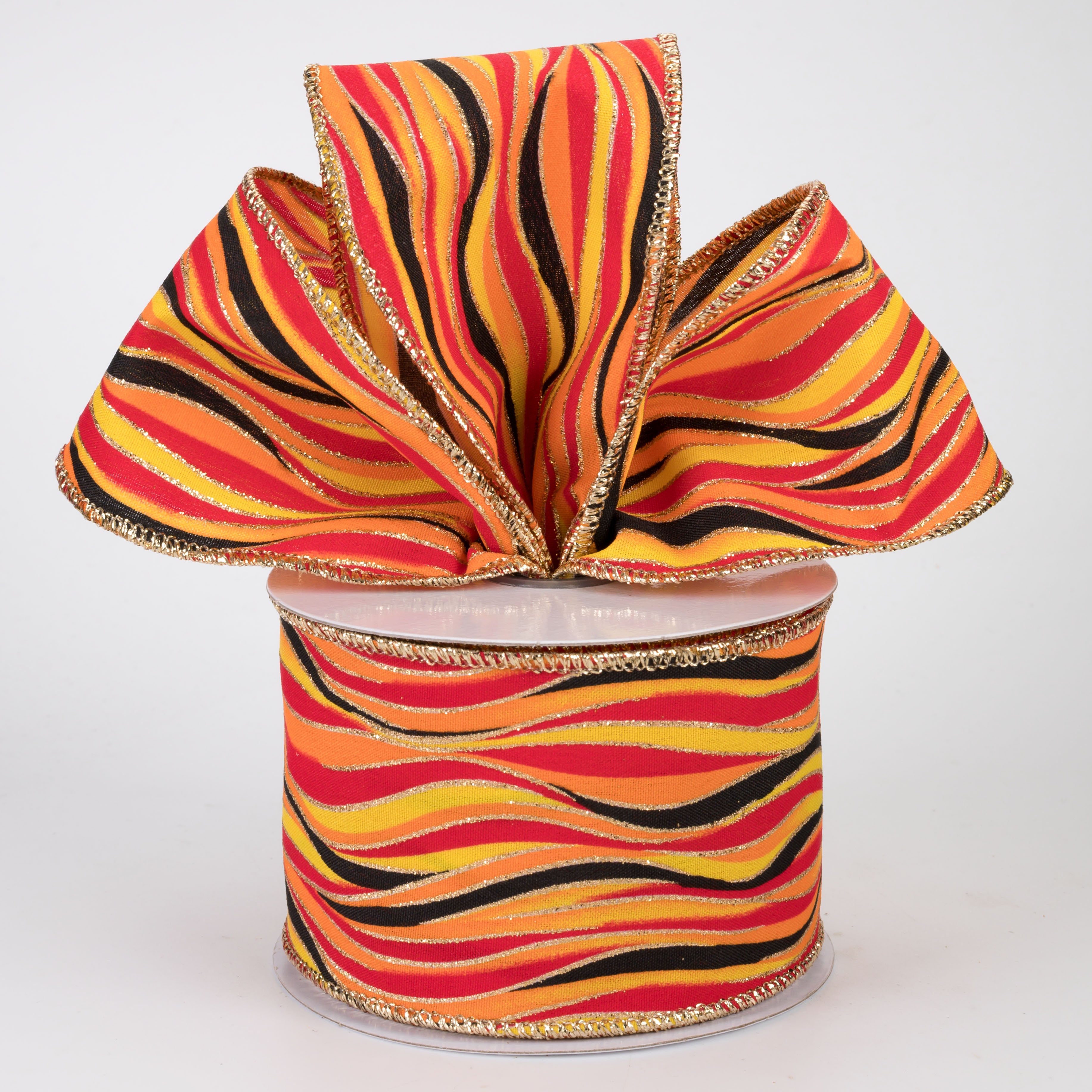 2.5" Glittered Wavy Stripes Ribbon: Red, Orange, Yellow & Black (10 Yards)