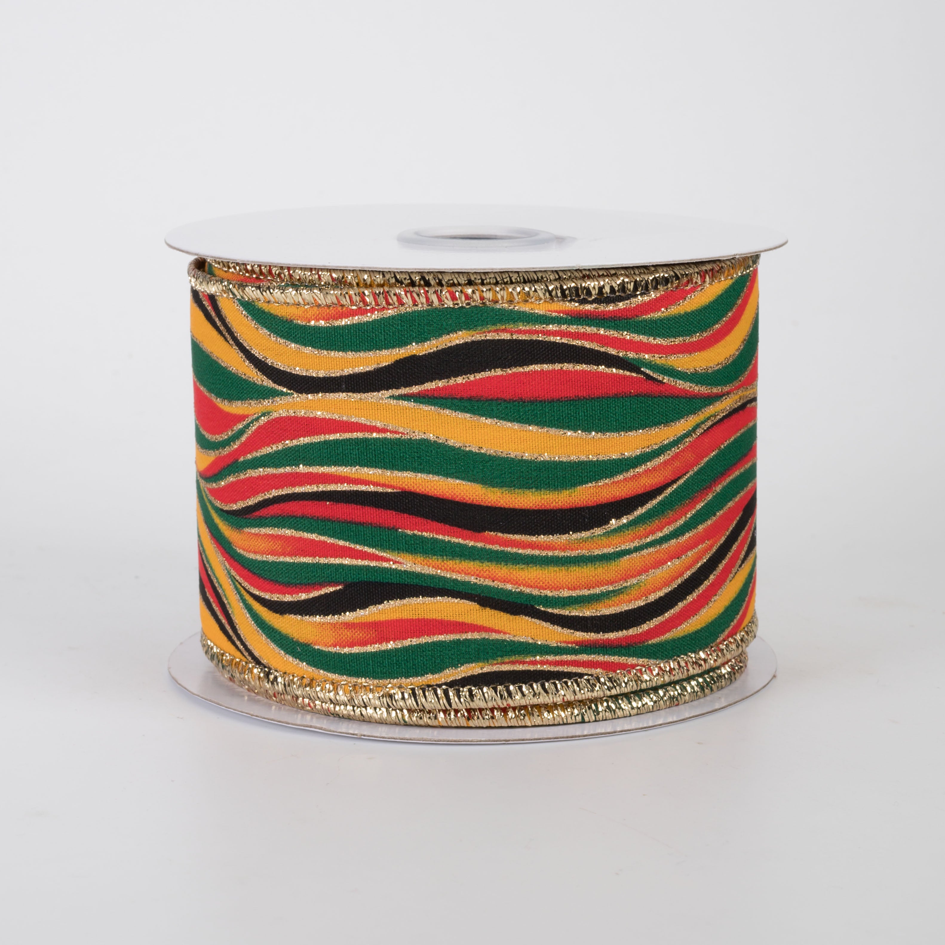 2.5" Glittered Wavy Stripes Ribbon: Black, Red, Green, Yellow (10 Yards)