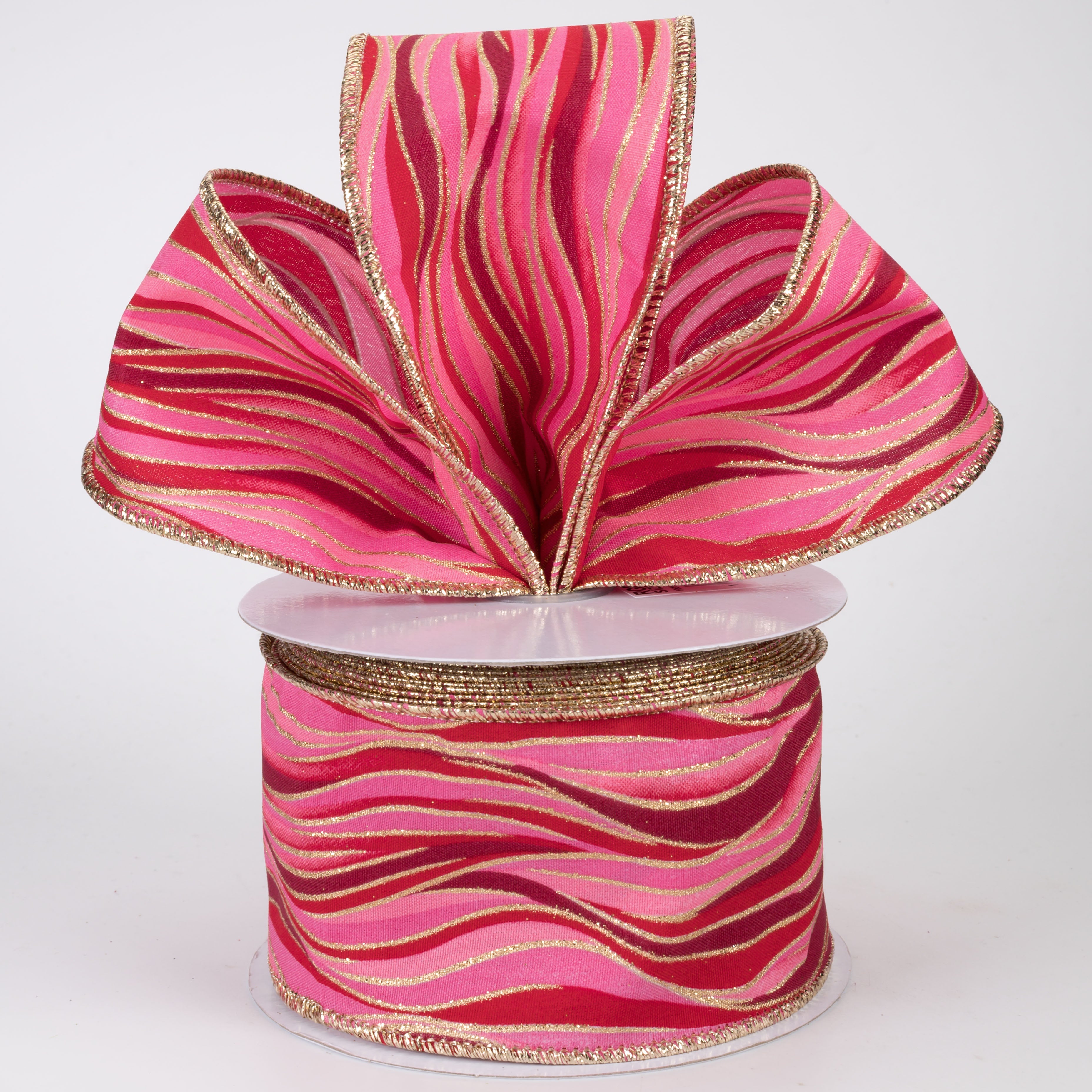 2.5" Glittered Wavy Stripes Ribbon: Red, Pink, Gold (10 Yards)
