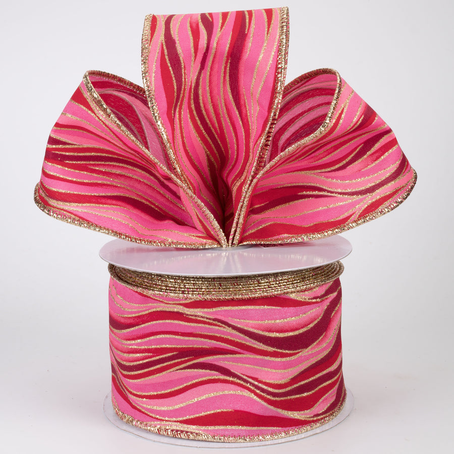 2.5" Glittered Wavy Stripes Ribbon: Red, Pink, Gold (10 Yards)