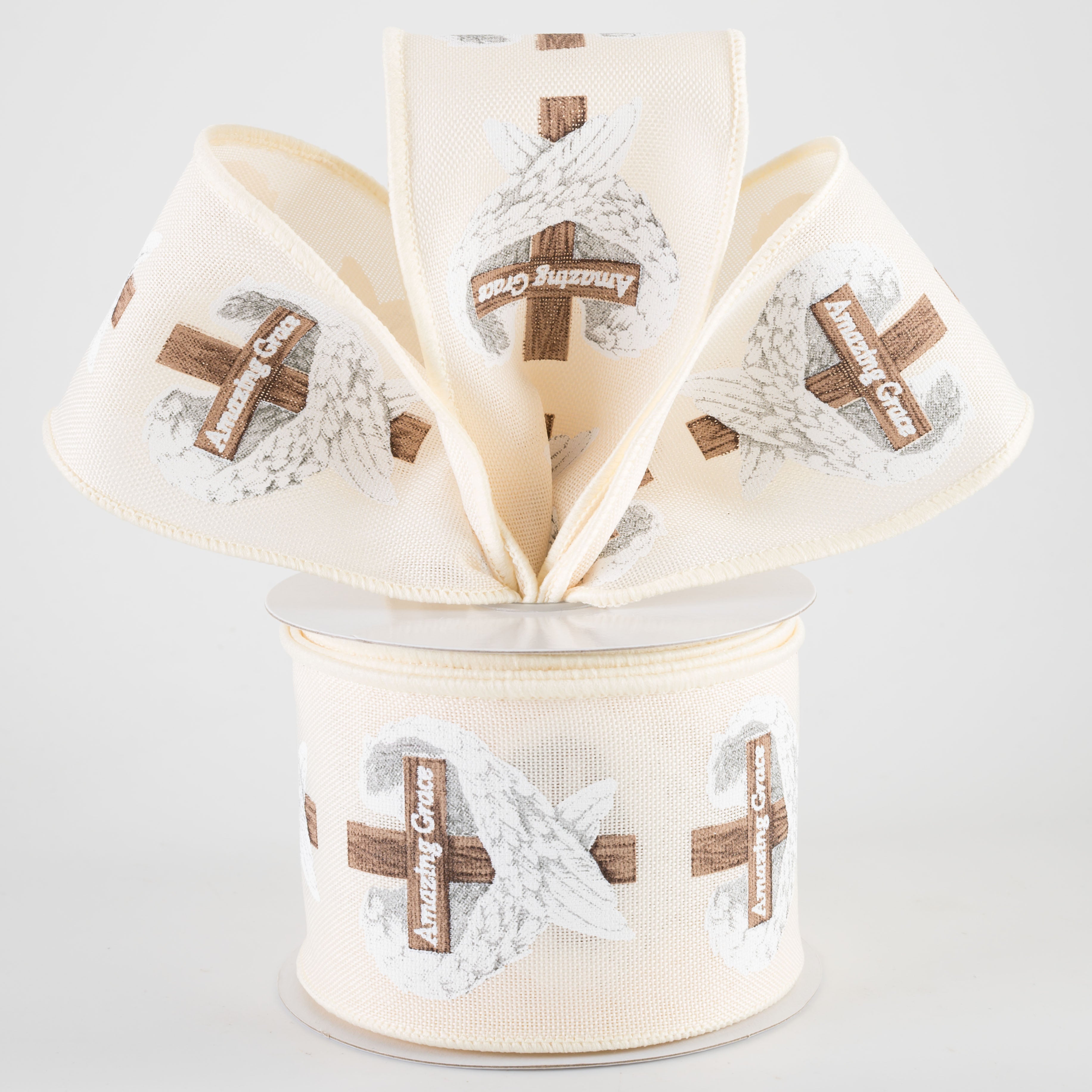 2.5" Amazing Grace Cross & Wings Ribbon: Cream (10 Yards)