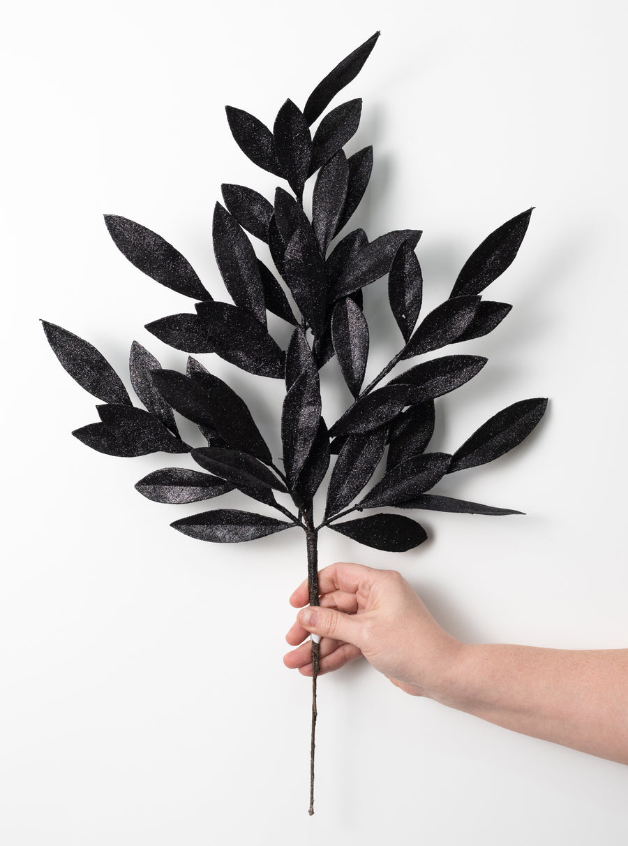 23" Bay Leaf Glitter Spray: Black