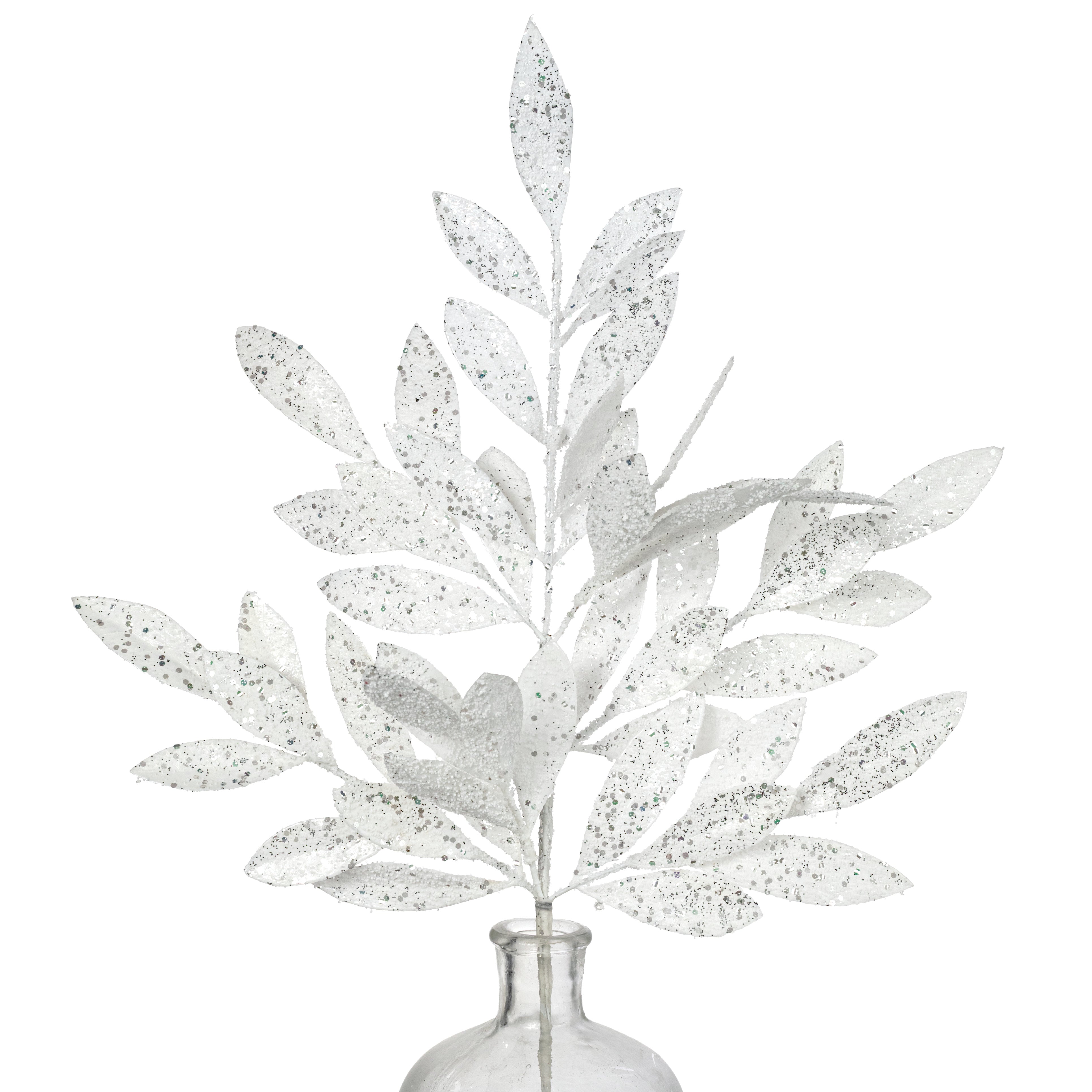 23" Bay Leaf Glitter Spray: White & Silver