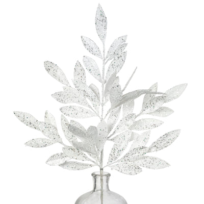 23" Bay Leaf Glitter Spray: White & Silver