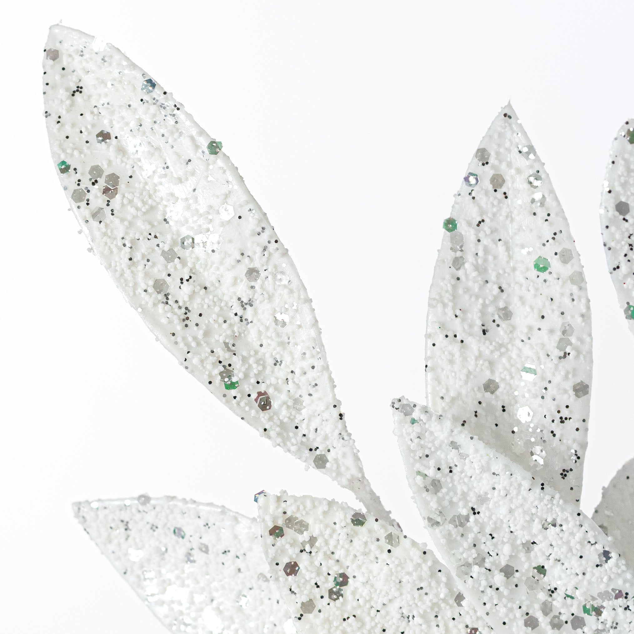 23" Bay Leaf Glitter Spray: White & Silver