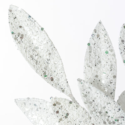 23" Bay Leaf Glitter Spray: White & Silver