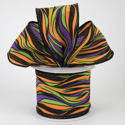 2.5" Glittered Wavy Stripes Ribbon: Purple & Lime Halloween (10 Yards)