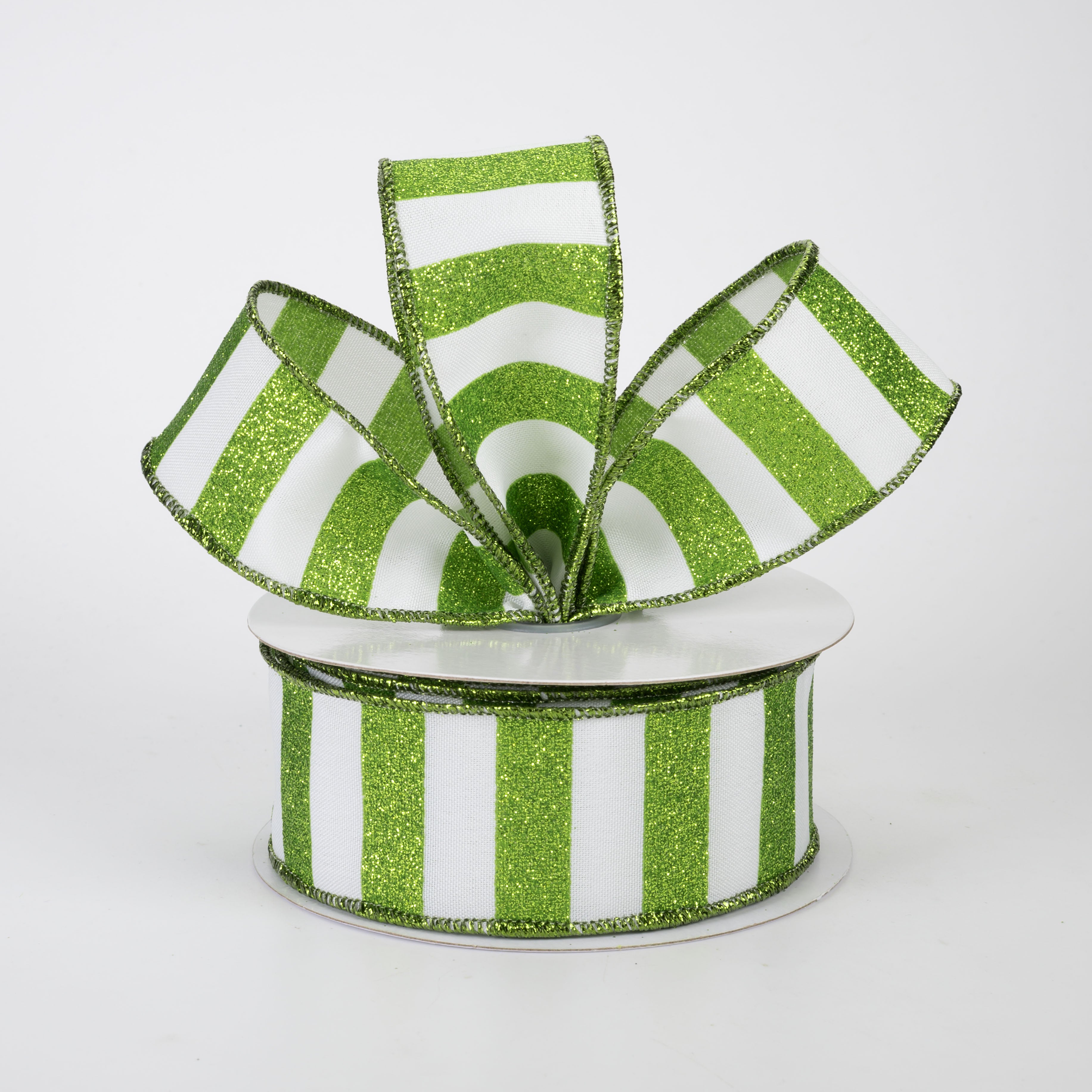 1.5" Horizontal Glitter Stripes Ribbon: Lime Green on White (10 Yards)