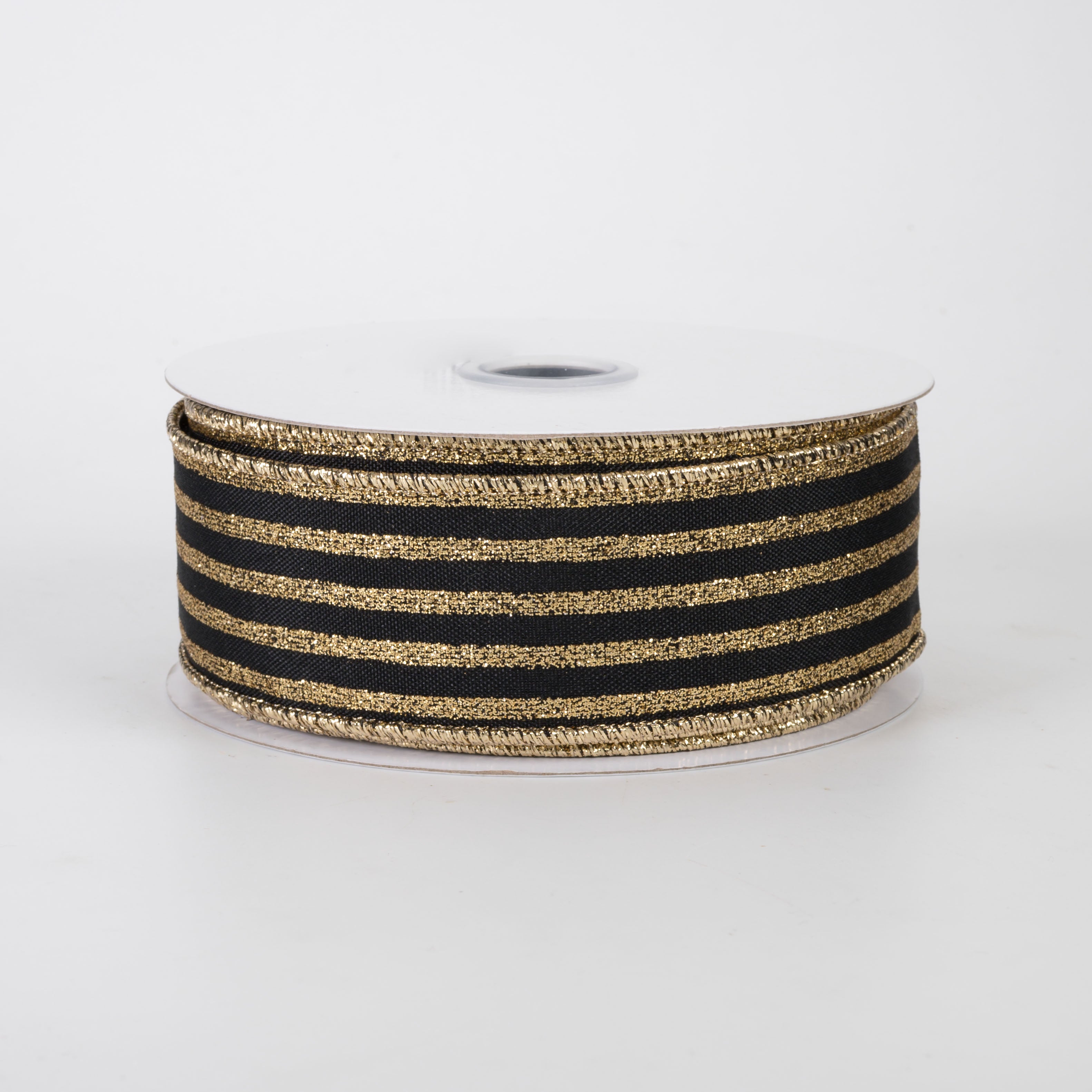 1.5" Glitter Vertical Stripe Ribbon: Gold on Black (10 Yards)