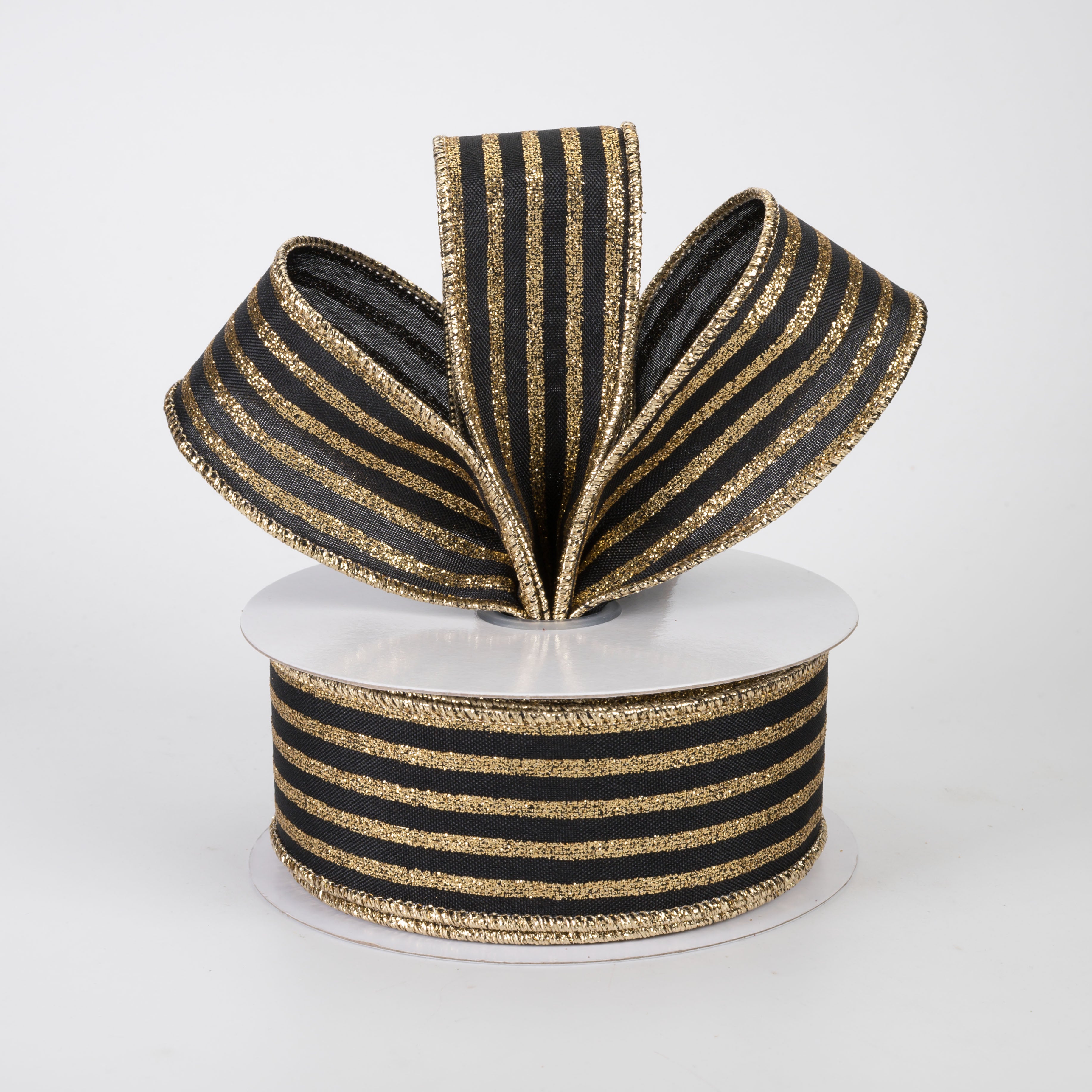 1.5" Glitter Vertical Stripe Ribbon: Gold on Black (10 Yards)