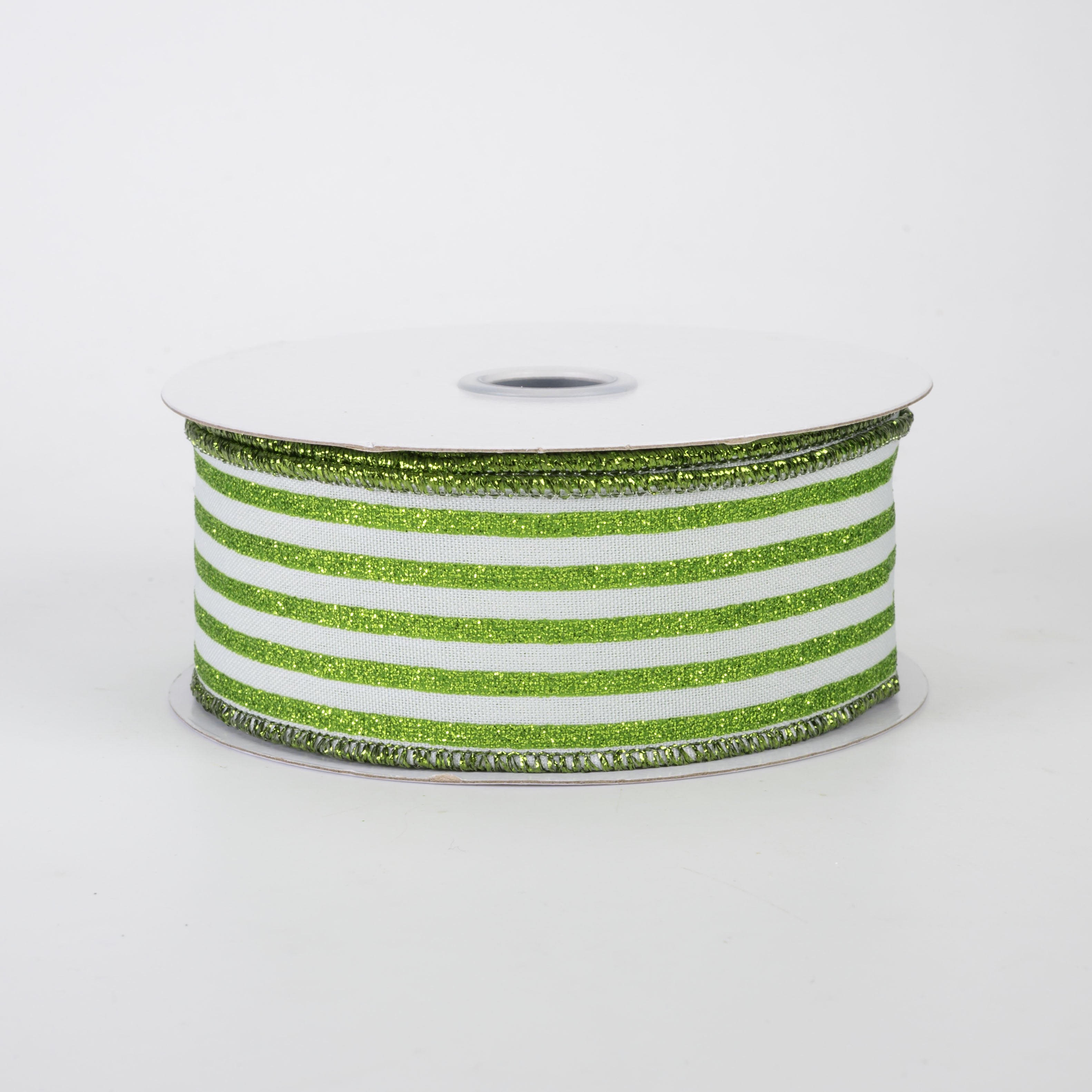 1.5" Glitter Vertical Stripe Ribbon: Lime Green on White (10 Yards)