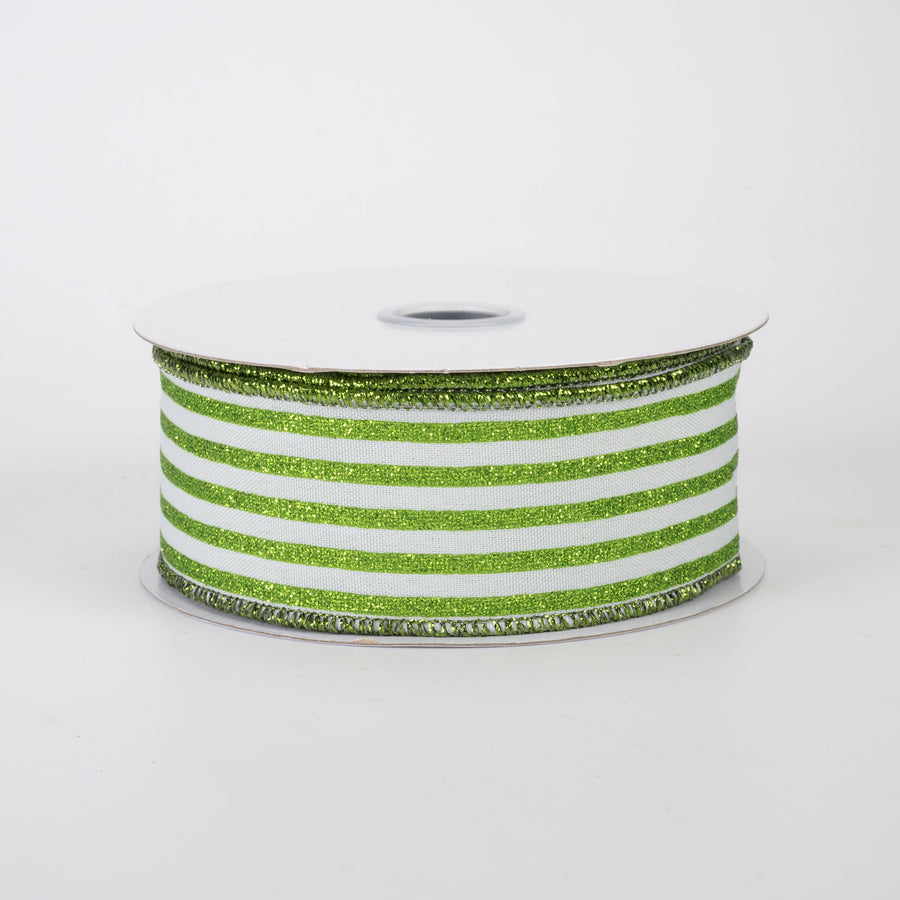 1.5" Glitter Vertical Stripe Ribbon: Lime Green on White (10 Yards)