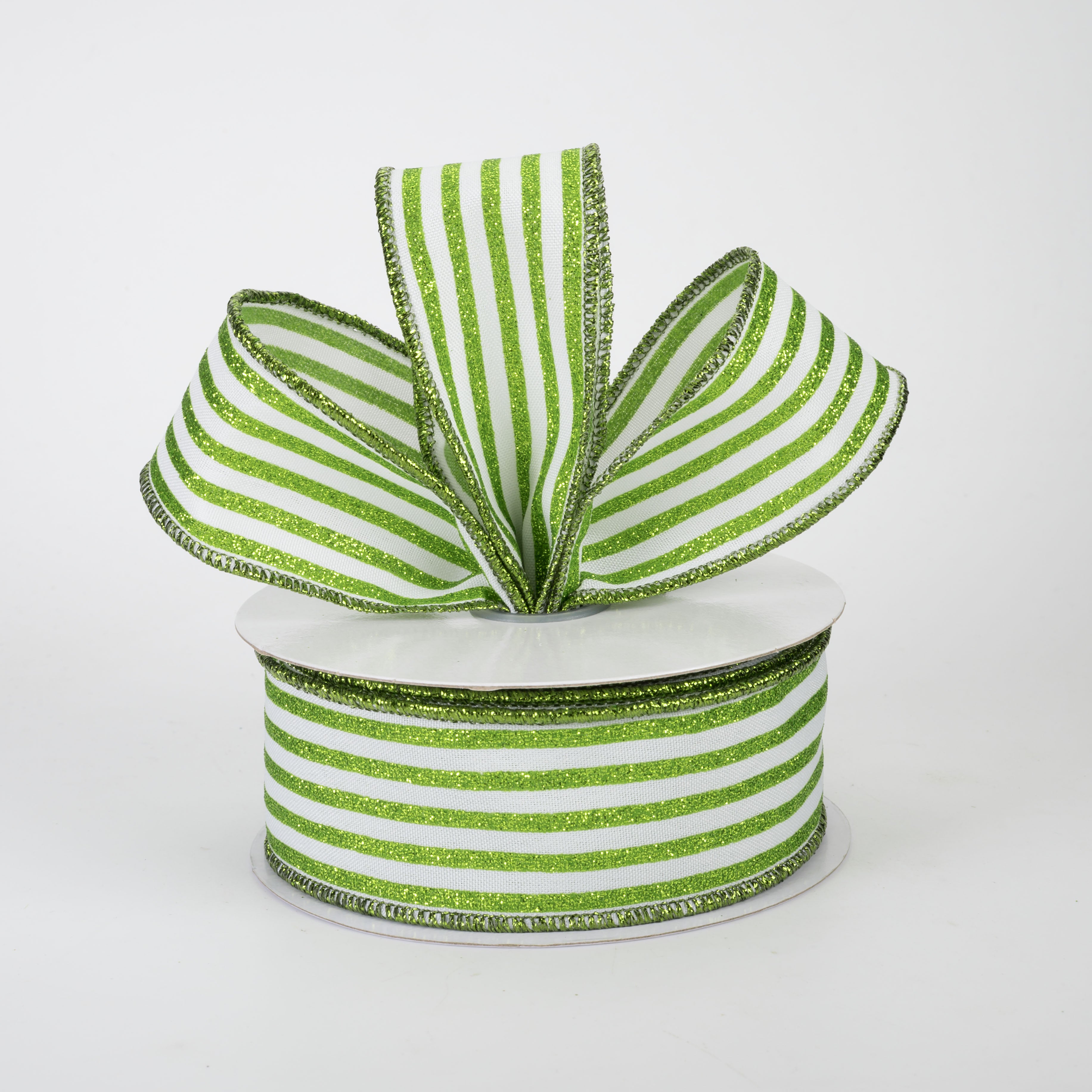 1.5" Glitter Vertical Stripe Ribbon: Lime Green on White (10 Yards)