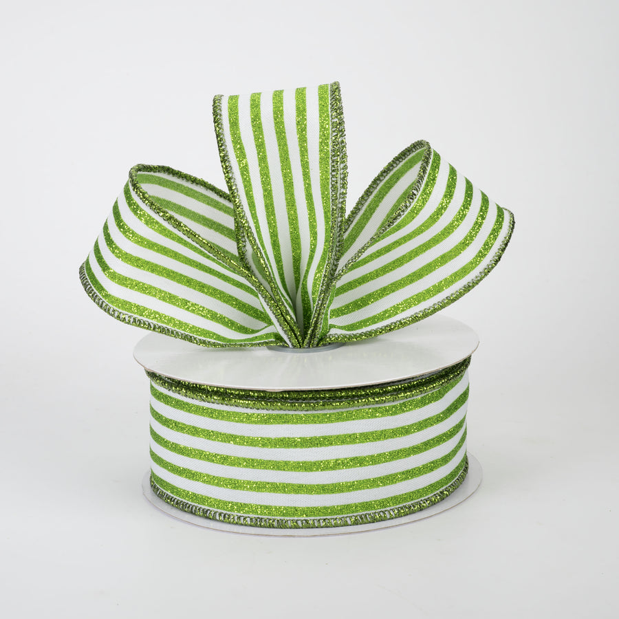 1.5" Glitter Vertical Stripe Ribbon: Lime Green on White (10 Yards)