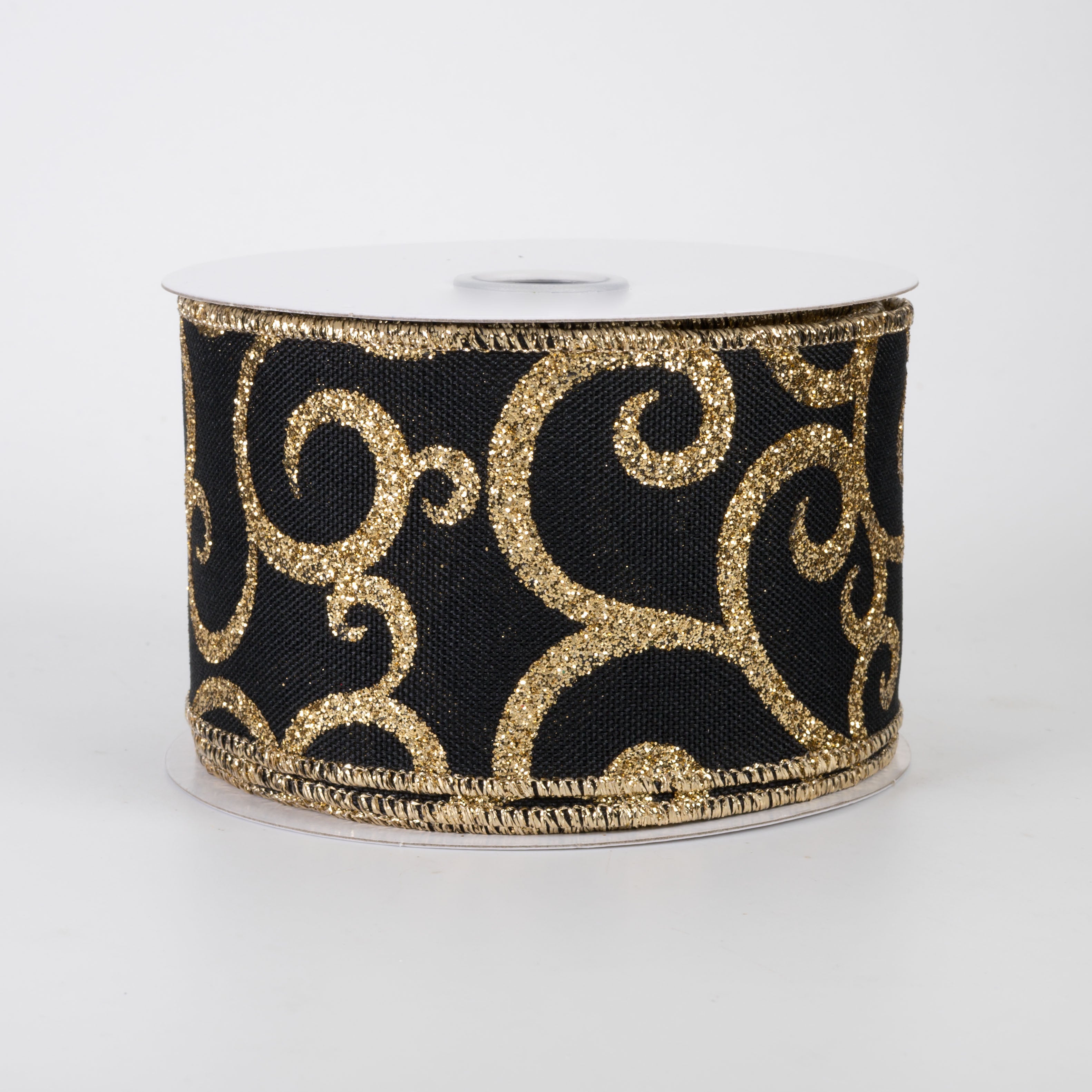 2.5" Glittered Scroll Ribbon: Black & Gold (10 Yards)