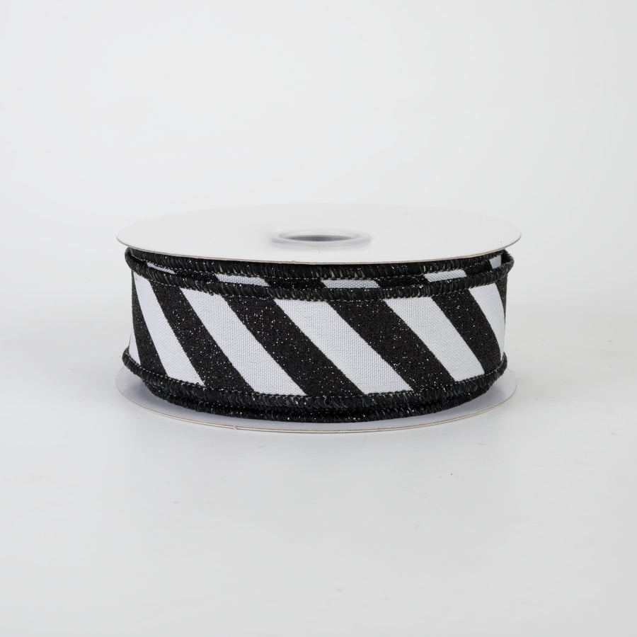 7/8" Diagonal Glitter Stripe Canvas Ribbon: Black on White (10 Yards)
