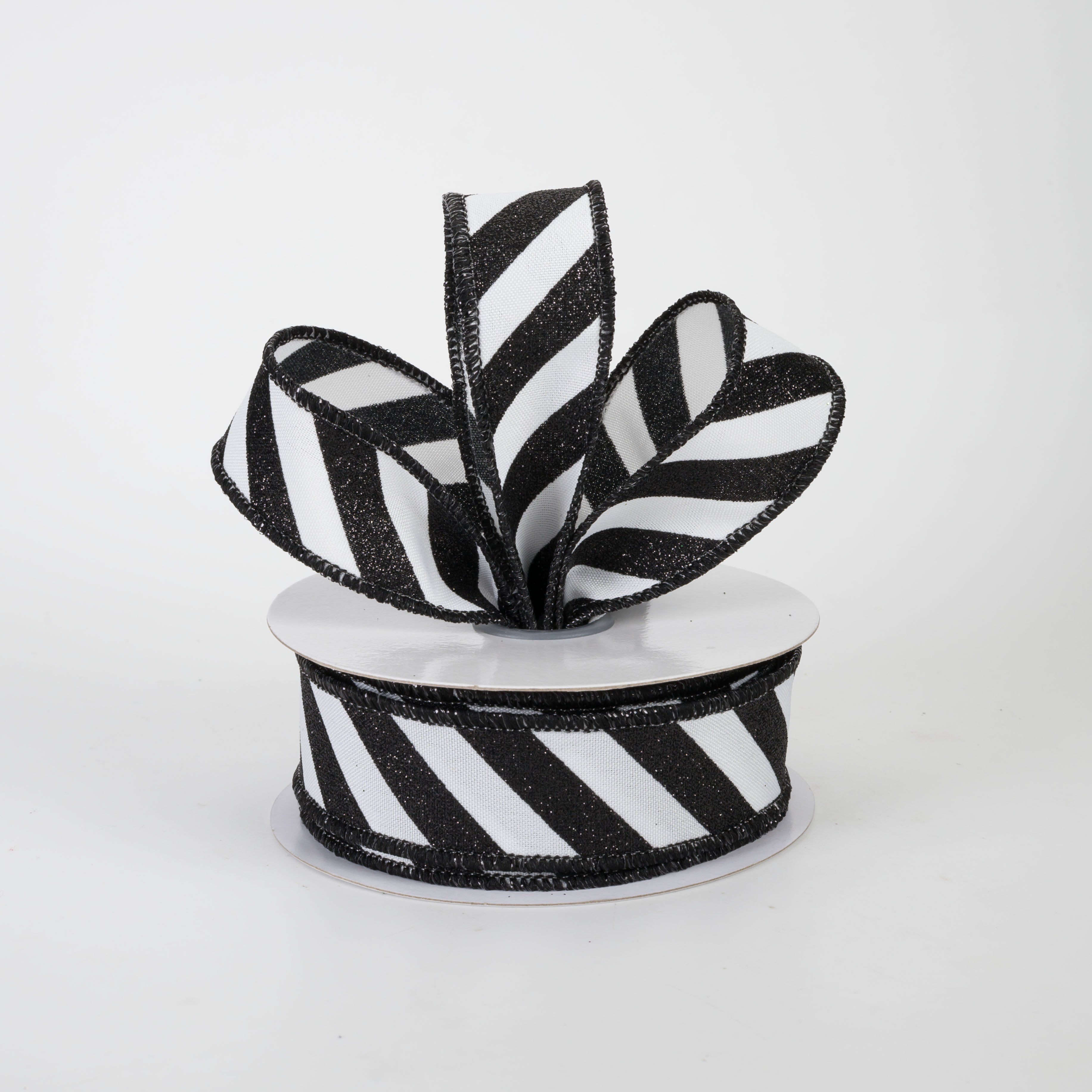 7/8" Diagonal Glitter Stripe Canvas Ribbon: Black on White (10 Yards)