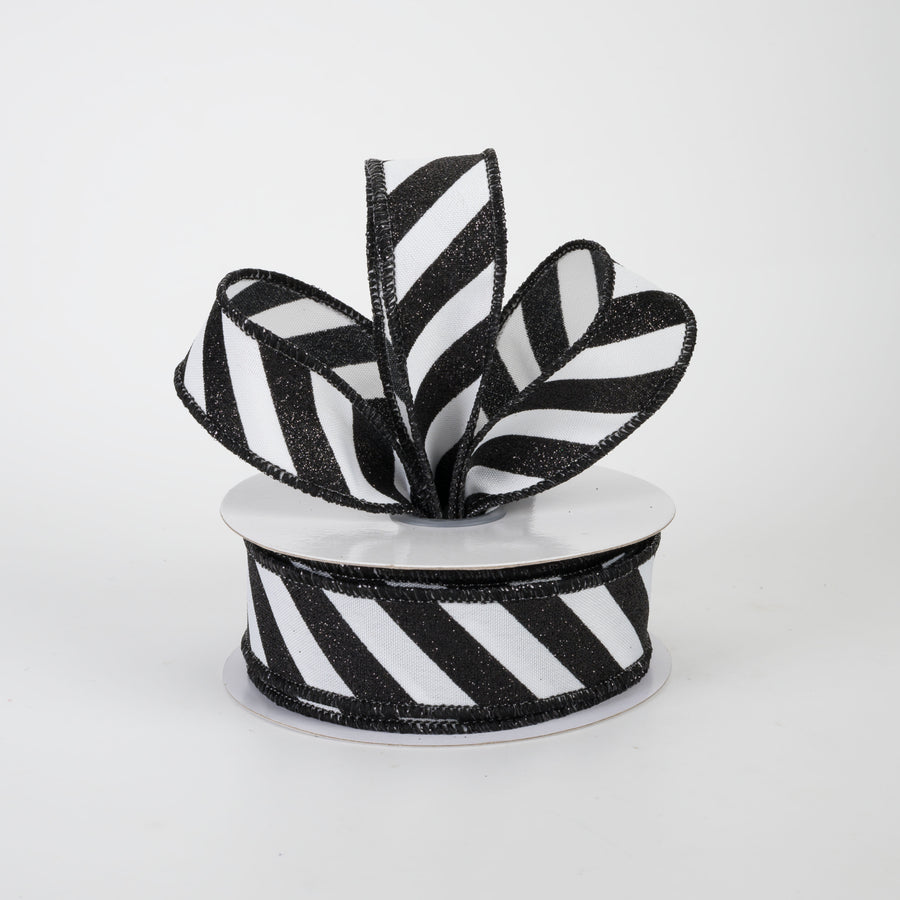 7/8" Diagonal Glitter Stripe Canvas Ribbon: Black on White (10 Yards)