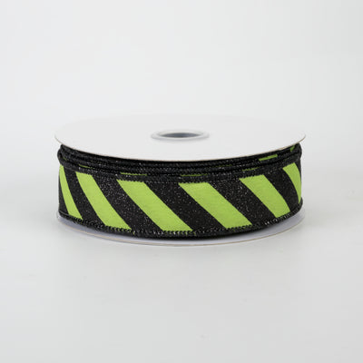 7/8" Diagonal Glitter Stripe Canvas Ribbon: Black on Lime Green (10 Yards)