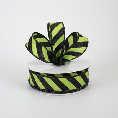 7/8" Diagonal Glitter Stripe Canvas Ribbon: Black on Lime Green (10 Yards)