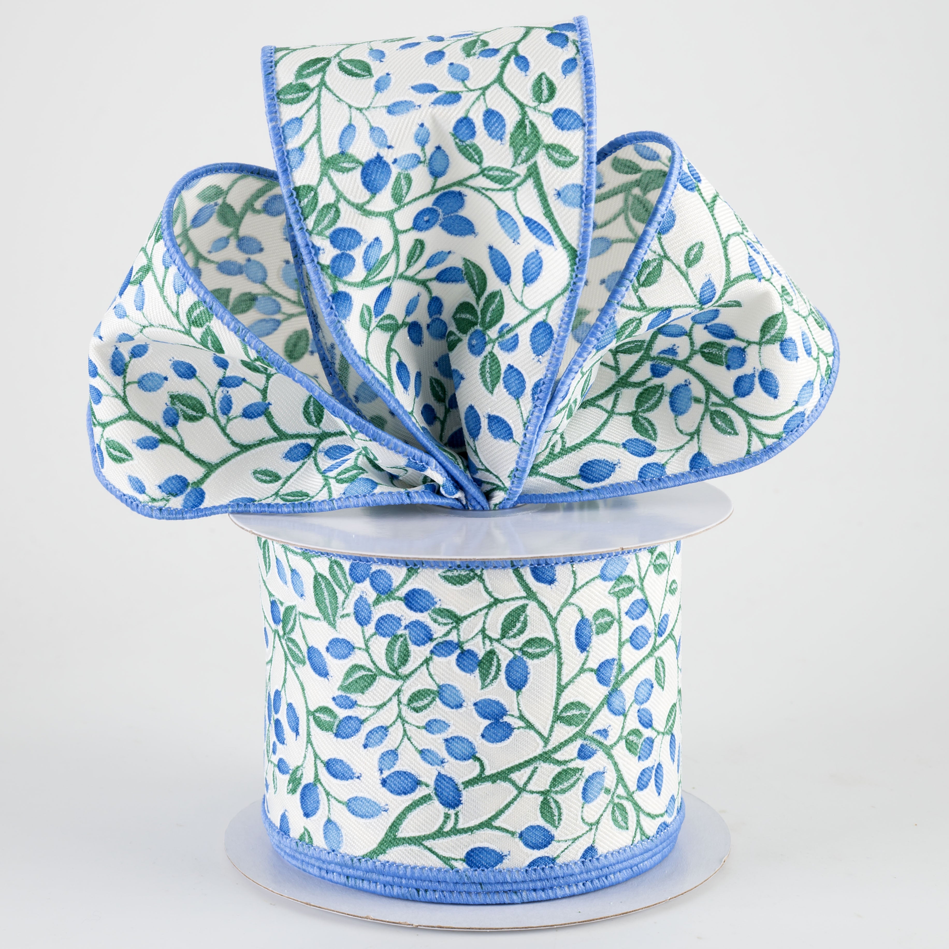 2.5" Mini Berries on Green Vines Ribbon: Blue on Ivory (10 Yards)