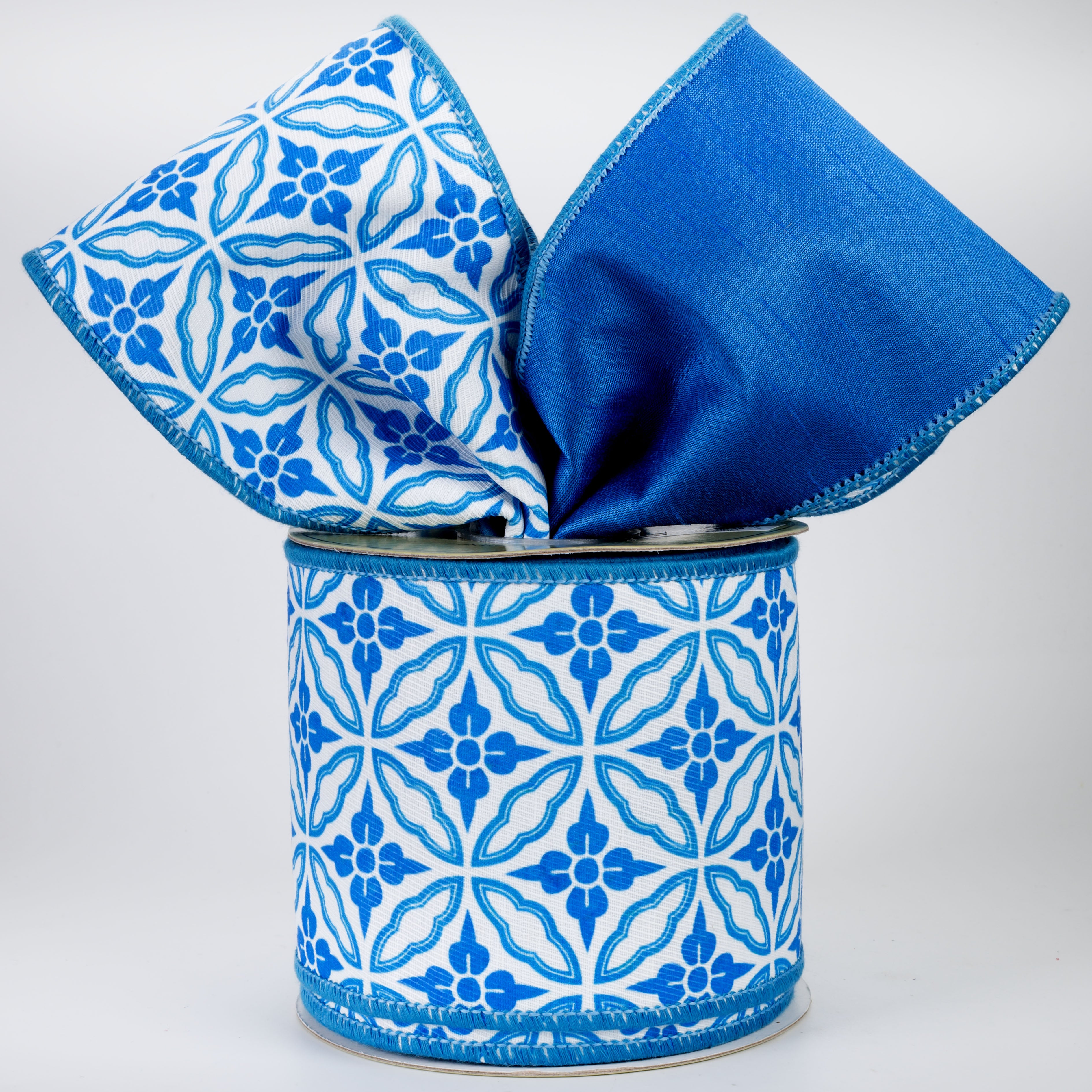 4" Designer Double Sided Geometric Dupioni Ribbon: Blue & White (10 Yards)