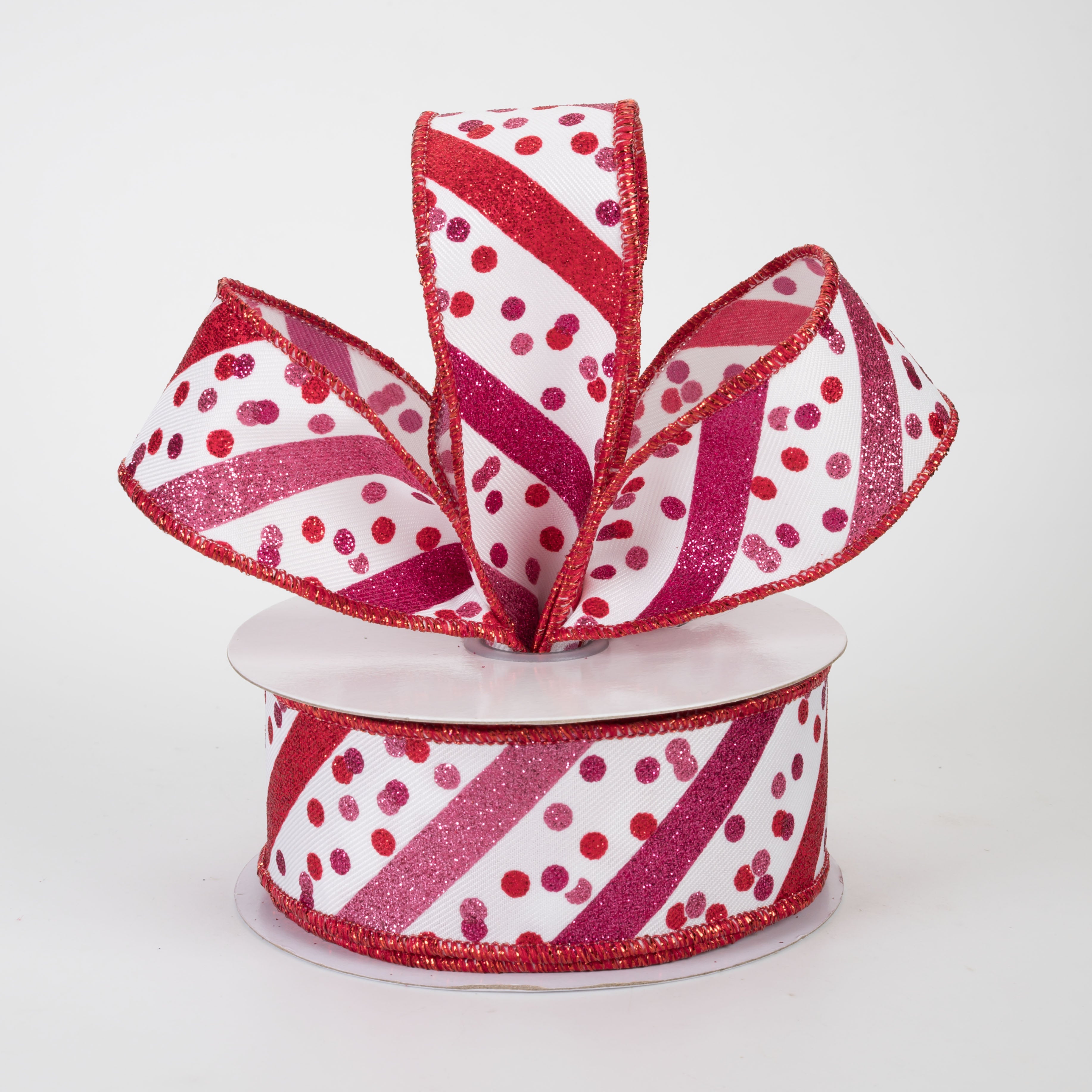 1.5" Diagonal Glitter Stripes & Confetti Dots Ribbon: White, Pink & Red (10 Yards)